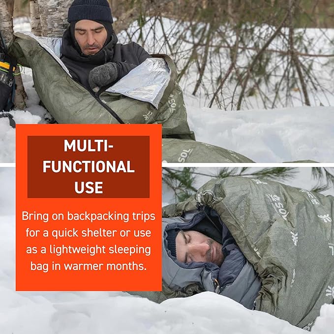 SOL Escape Bivvy with Hood - Emergency Preparedness Blanket - Reflects Up to 70% Body Heat - Outdoor Survival Bivvy - Water Resistant - Durable & Breathable - Winter Camping Supplies - Green