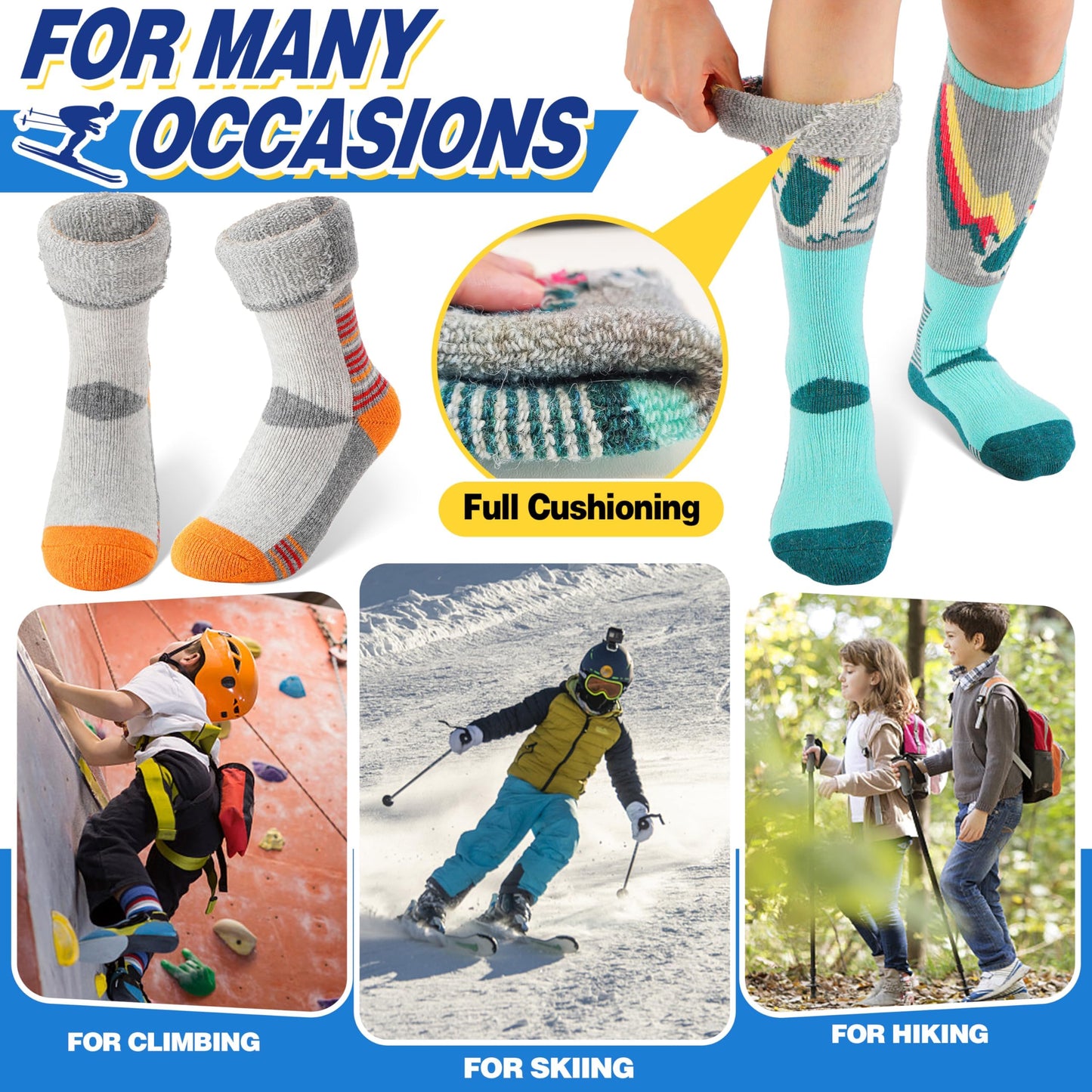 ANTSANG Kids Merino Wool Ski Socks for Girls Boys Teen Thermal Thick Warm Winter Hiking Knee High Stocking Stuffers Socks for Skiing Snowboarding(Skate A,8-12 Y)