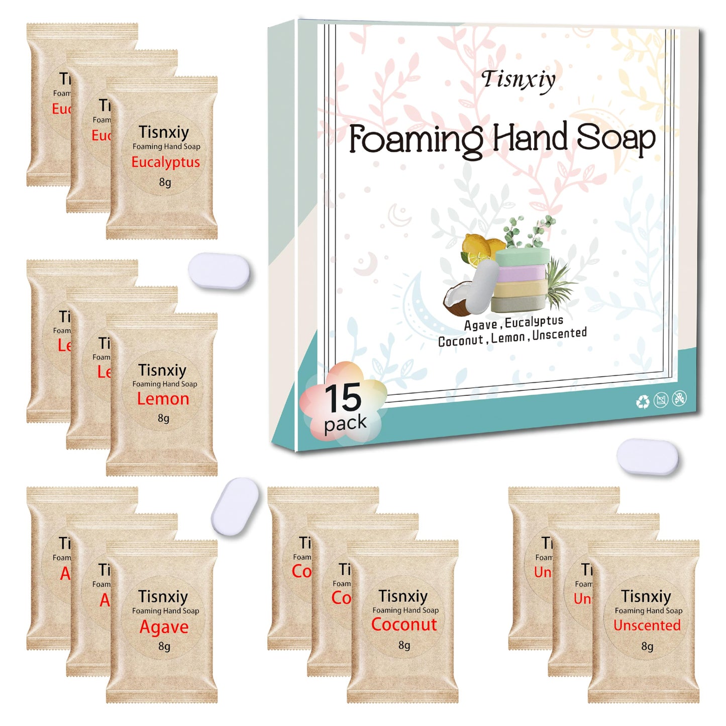 Foaming Hand Soap Tablet Refills,15 pack Makes 120 fl oz Total (15x 8 fl oz),5 Scent Soap Refills Tablets,Eco Friendly Sustainable Soap Tablets for Hands(Various Pack)