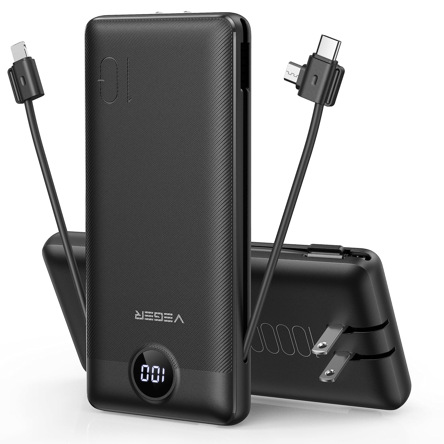 VEGER Portable Charger for iPhone Built in Cables and Wall Plug, 10000mah Slim Fast Charging USB C Power Bank, Travel Essential Battery Pack Compatible with iPhones, iPad, Samsung More Devices(Purple)