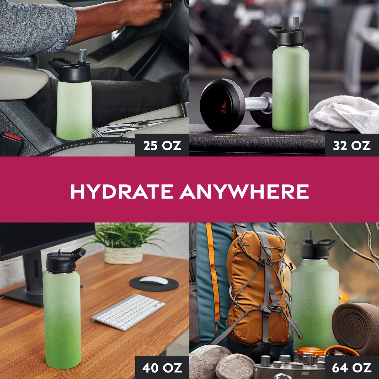FineDine Triple Walled, Insulated Water Bottles with Straw - 32 Oz Stainless Steel Metal Bottle W/ 3 Leak Proof Lids - For Travel, School, Sports, Gym / Men, Women & Kids - Dreamy Green