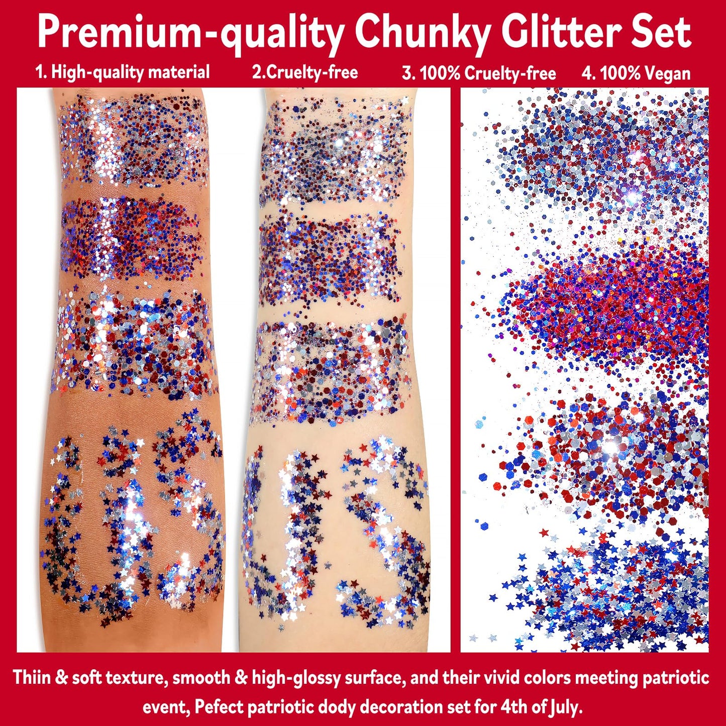 Allstarry Chunky Body Glitter 4 Colors Cosmetic Patriotic Face Glitter Independence Day Hair Sequins Sparkle Veterans Day Eye Flakes 4th of July Accessories for Olympics Party Women Face Paint Makeup