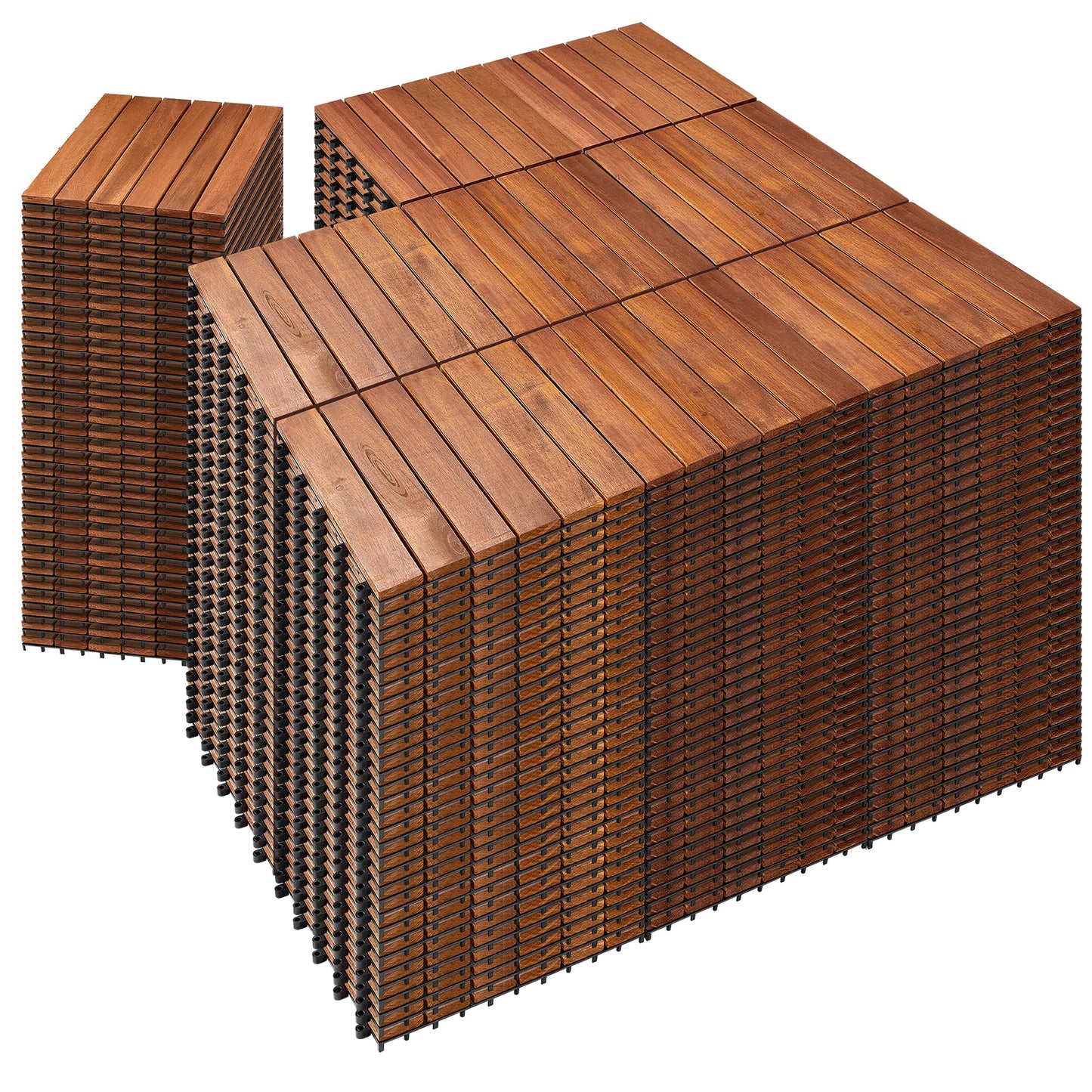 PrimeZone 297 PCS FSC Certified Acacia Wood Interlocking Deck Tiles - 12" x 12" Waterproof Indoor Outdoor Patio Flooring Decking Tiles for Balcony, Backyard & Poolside, All Weather Use, Natural Wood