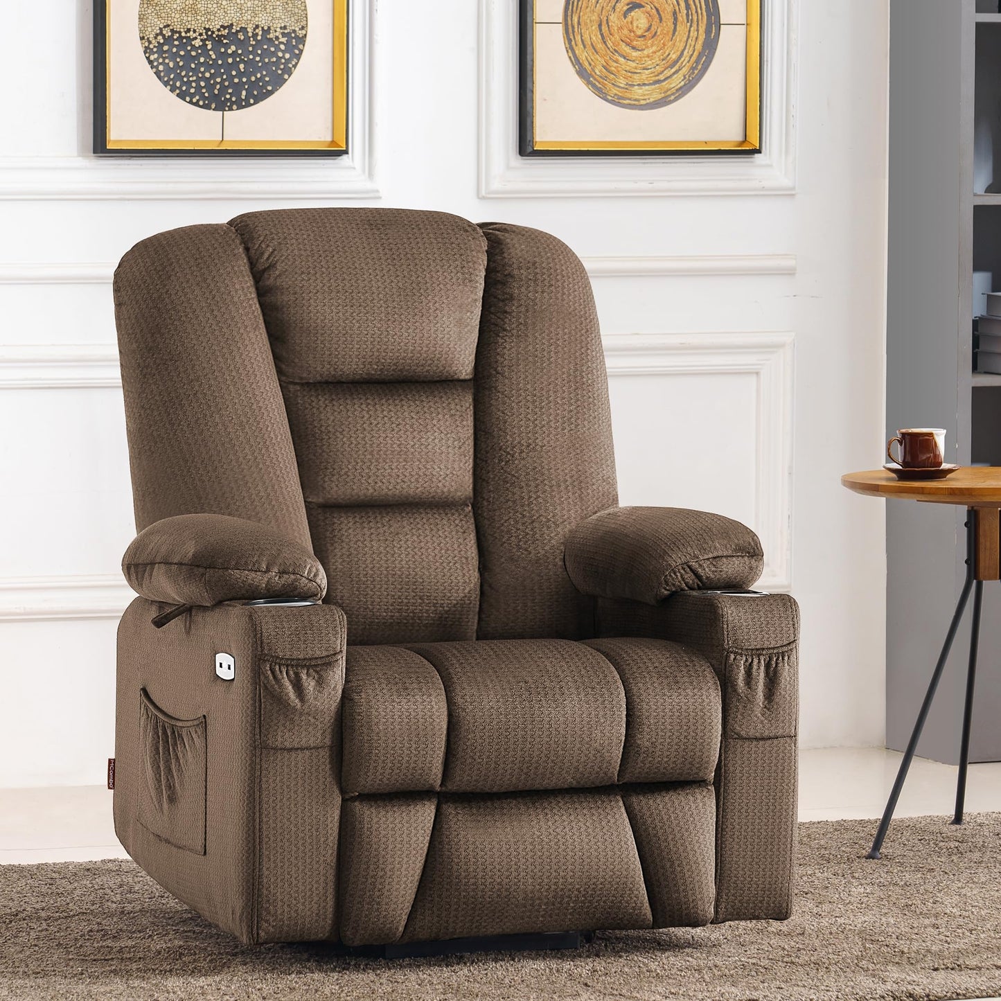 MCombo Large Power Lift Recliner Chair Sofa with Massage and Heat for Big and Tall Elderly People, 3 Positions, Cup Holders, and USB Ports, Fabric 7549 (Large, Brown)