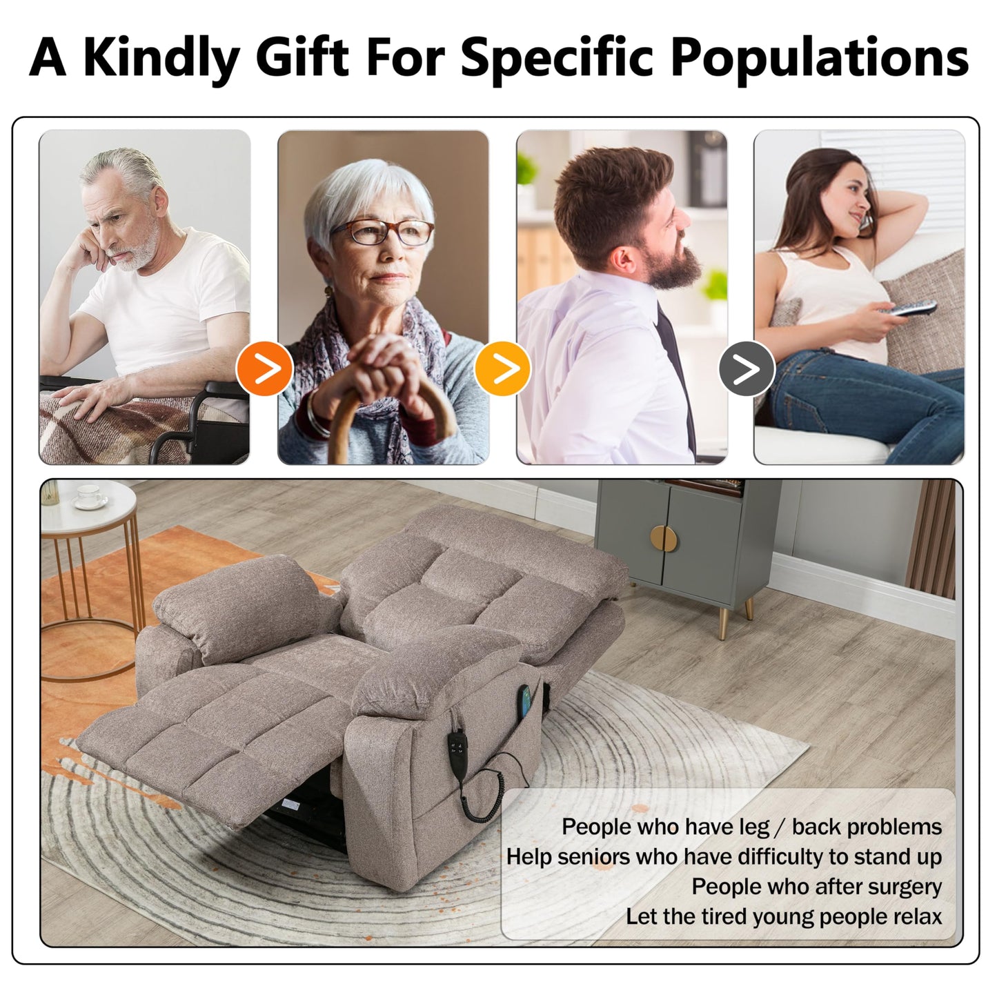 JIKFRIMA Dual Motor Power Lift Recliner Chair with Massage Heating for Adults Elderly, Electric Lift Chairs Lay Flat Recliners, Infinite Position, 2 Hidden Cup Holders