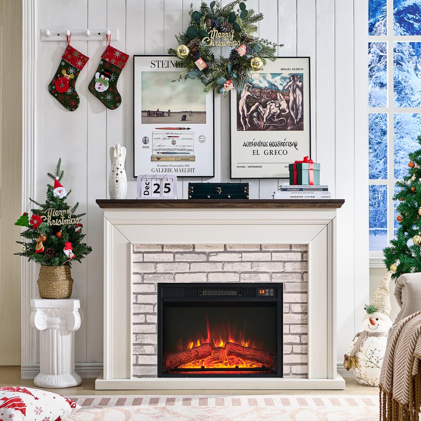 Aitjunz 45" Flip Top Electric Fireplace with Mantel, Electric Fireplace Heater, TV Stand with Freestanding Electric Fireplaces, Remote Control, Adjustable Flame Level for Living Room (White)