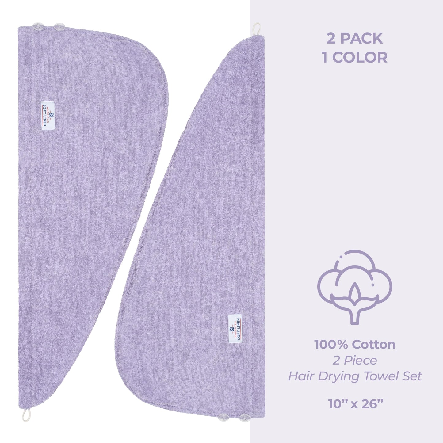 American Soft Linen 100% Cotton Hair Towels for Women, Head Towel Cap, Cotton Hair Turban Towel Wrap for Long Curly Anti Frizz Hair, Soft and Absorbent Cotton Hair Towels 2 Pack, Lilac