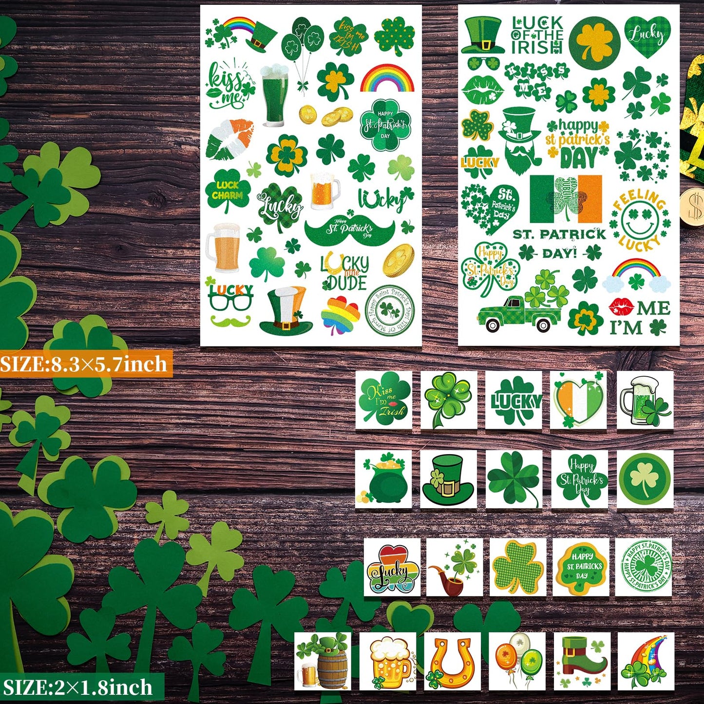 Zeecdatoo 23 Sheets Large Glitter St. Patrick's Day Tattoos Accessories, 100+ Pcs Glitter Lucky Clover Shamrock Temporary Tattoos, Glitter Body Jewelry Irish Parade Party Favors Decorations