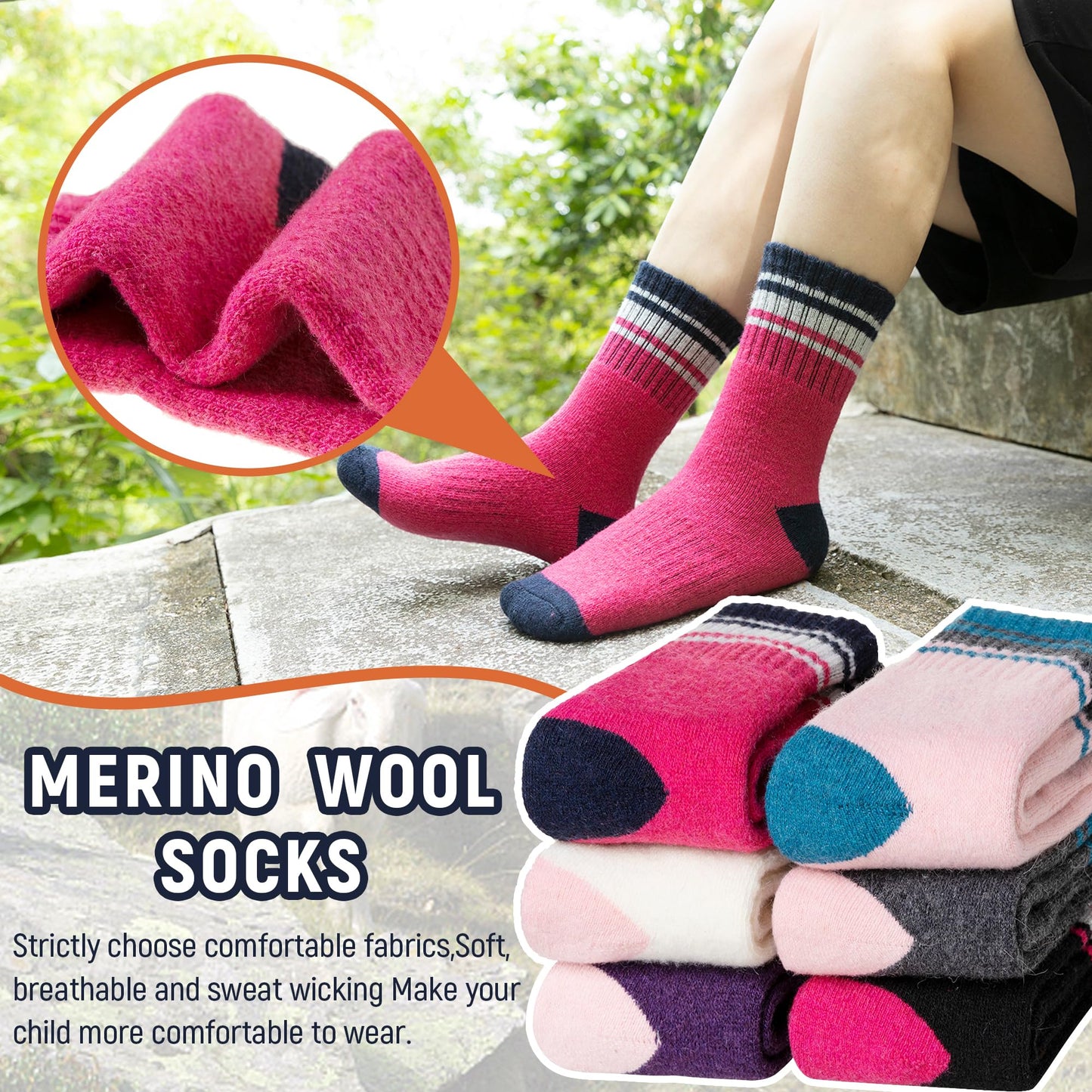 AMENLAN Kids Merino Wool Hiking Socks Boy Girls Winter Thick Boot Cushion Warm Thermal Crew Socks 6 Pairs (Purple Stripes,4-7 Years)