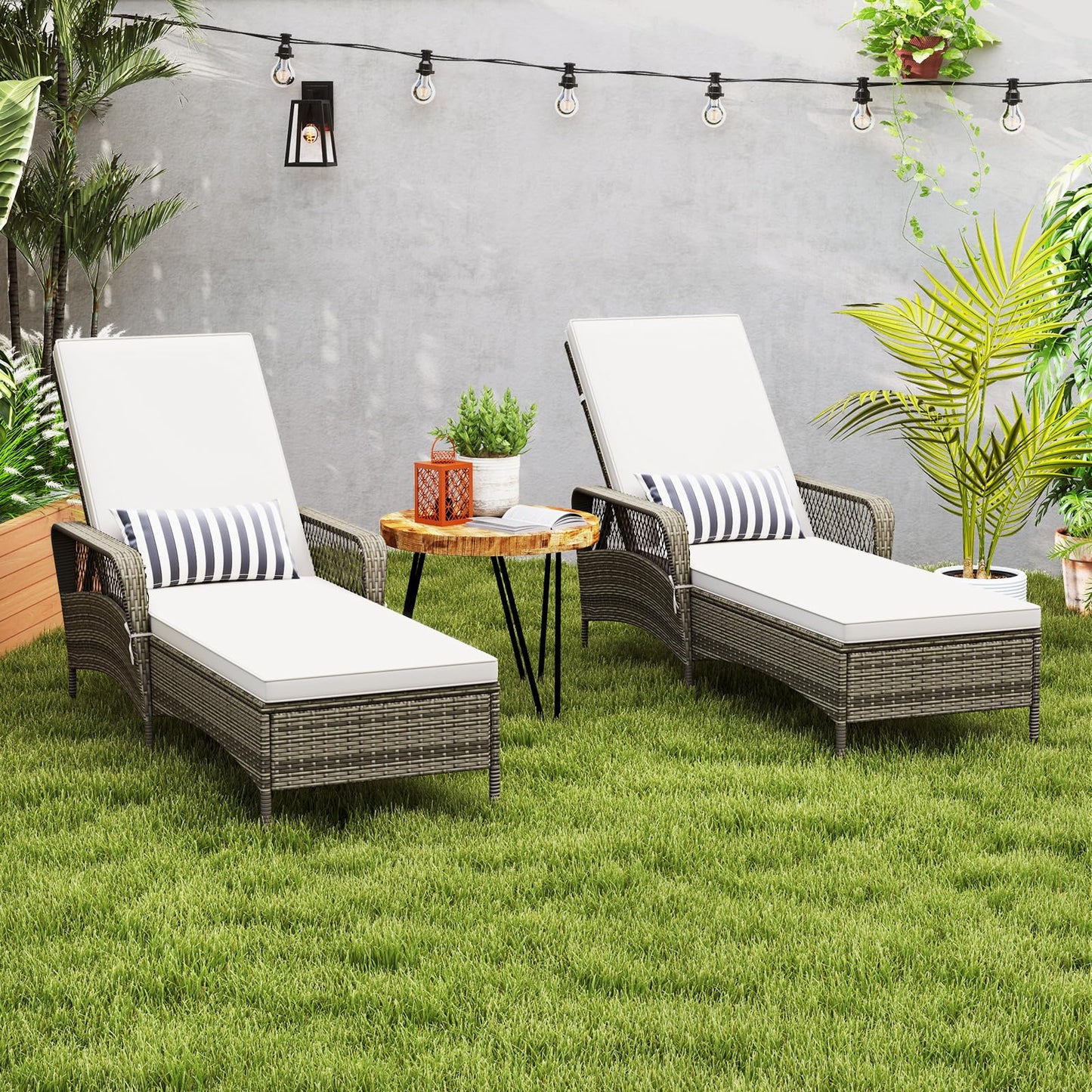Toolsempire Wicker Chaise Lounge Chair Set of 2, Patio Rattan Recliner with 6-Position Adjustable Backrest, Soft Cushions, Removable Lumber Pillow & Armrests, Lounger Chair for Poolside & Backyard