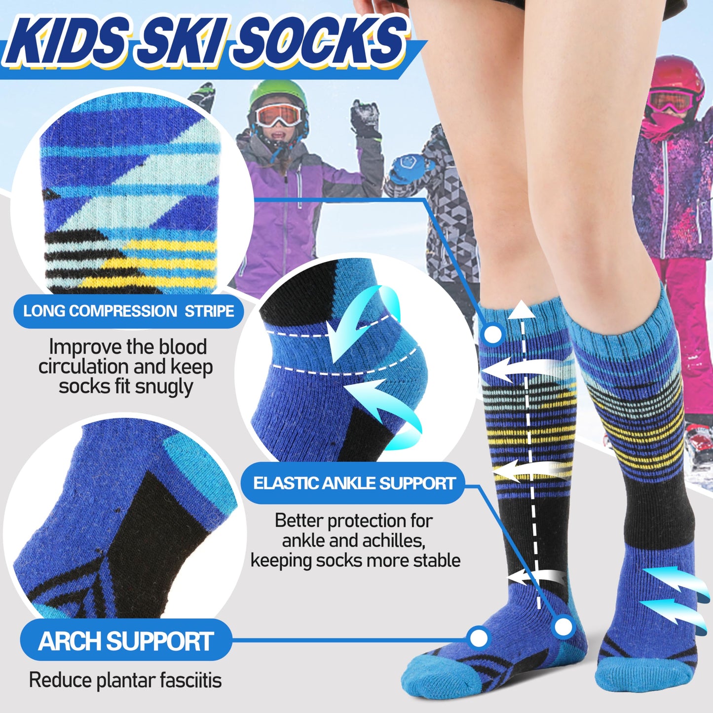 ANTSANG Kids Merino Wool Ski Socks for Boys Girls Teen Thermal Warm Thick Winter Hiking Knee High Socks Stocking Stuffers for Snowboarding Skiing(Assorted A,4-7 Y)