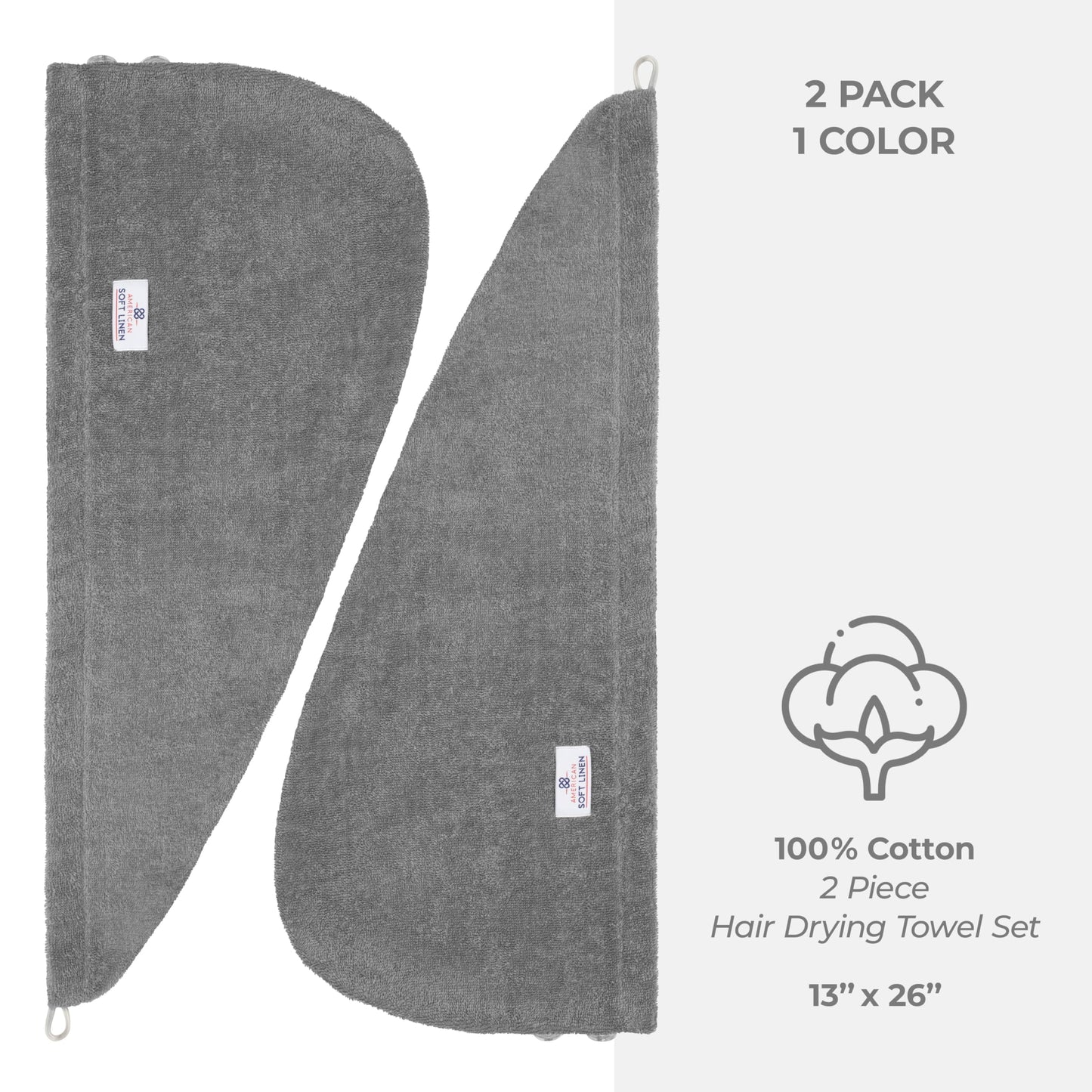 American Soft Linen 100% Cotton Hair Towels for Women, Head Towel Cap, Cotton Hair Turban Towel Wrap for Long Curly Anti Frizz Hair, Soft and Absorbent Cotton Hair Towels 2 Pack, Dark Gray
