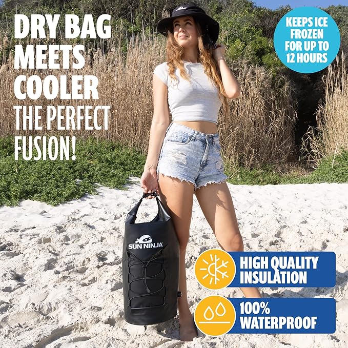 Sun Ninja Floating Dry Bag Cooler – Roll Top Leak Proof Closure, Collapsible, Waterproof Outdoor Cooler with Padded Shoulder Strap - Perfect for Kayaking, Fishing, Beach, Hiking -20L