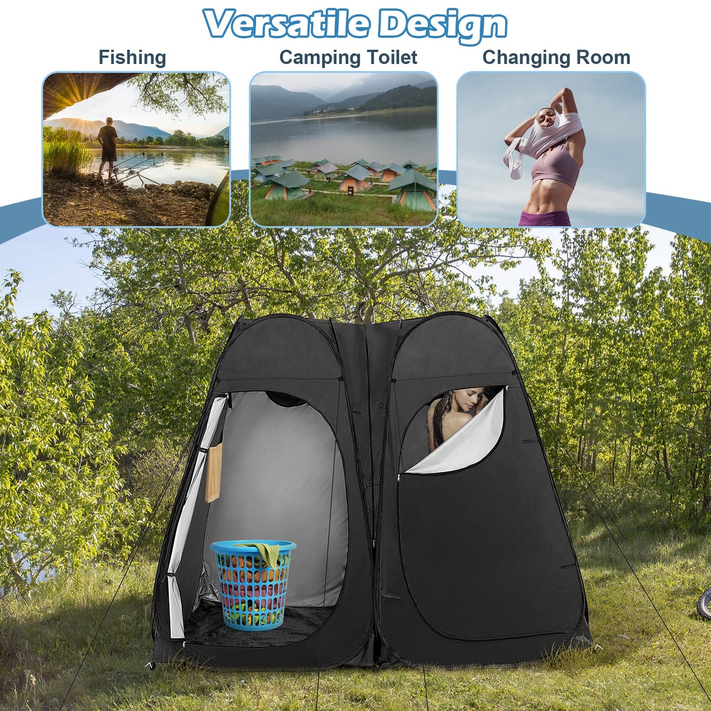 Goplus 2 Room Pop Up Shower Tent, 6.3FT Outdoor Portable Changing Room with Ground Stake, Wind Rope, Carry Bag, Window, Clothesline, Pocket, Privacy Instant Bathroom Tent for Camping Toilet