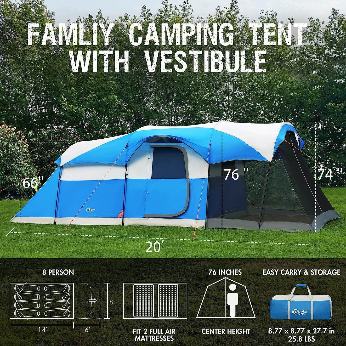 PORTAL 8 Person Family Camping Tent with Screen Porch, Weather Resistant Tunnel Tent with Rainfly, Large Family Tents for Outdoor Camping, Party