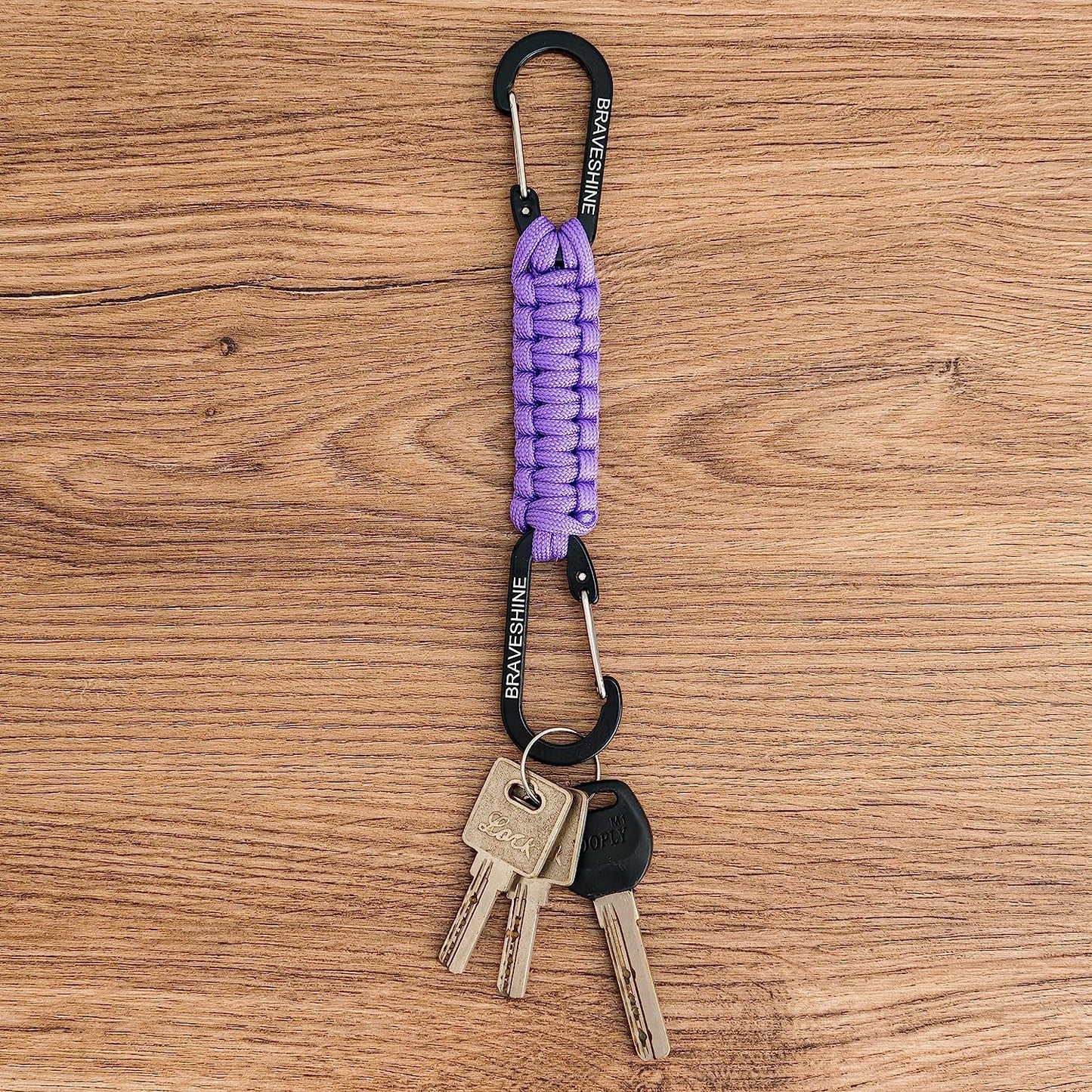 BRAVESHINE 2 Pack Purple Paracord Keychain Hook Carabiner Clips, Lanyard Hanger with D Ring Hooks Heavy-Weight Stroller Hook Holder for Water Bottle, Key, Backpack, Tools, Boys, Girls, Men, Women