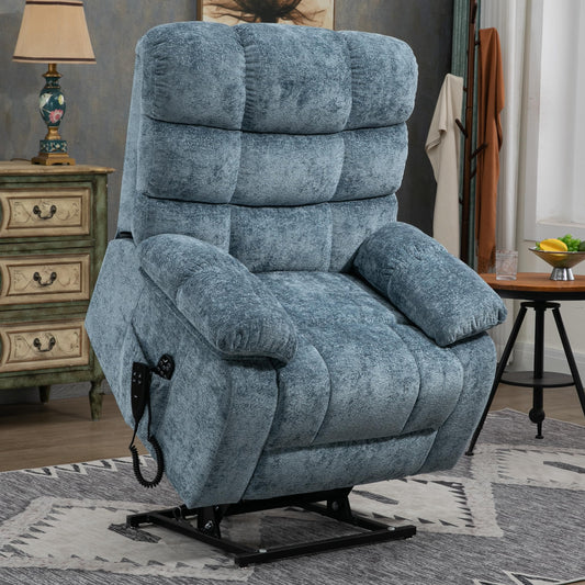 EZZUP Lay Flat Recliner with Vibration Massage and Lumbar Heating, 26'' Wide Chair with Infinite Position and 2 Remote Controls, Soft Chenille Lift for Living Room, Grayish Blue