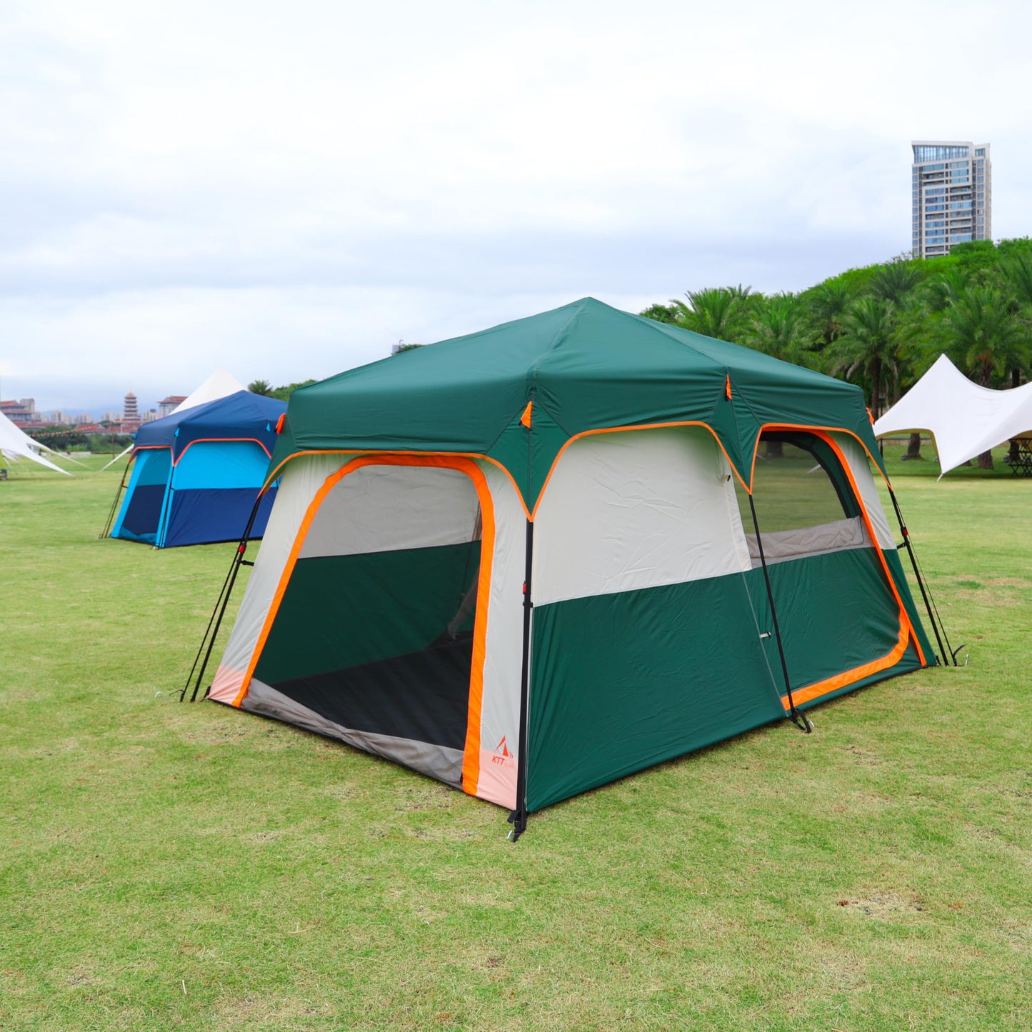 KTT Instant Tent 6-8 Person A,Large Family Cabin Tents,Automatic Tent Build Quickly in 60S,2 Rooms,2 Top Windows,3 Doors and 3 Windows with Mesh,Waterproof,Big Tents for Outdoor,Picnic,Camping(Green)