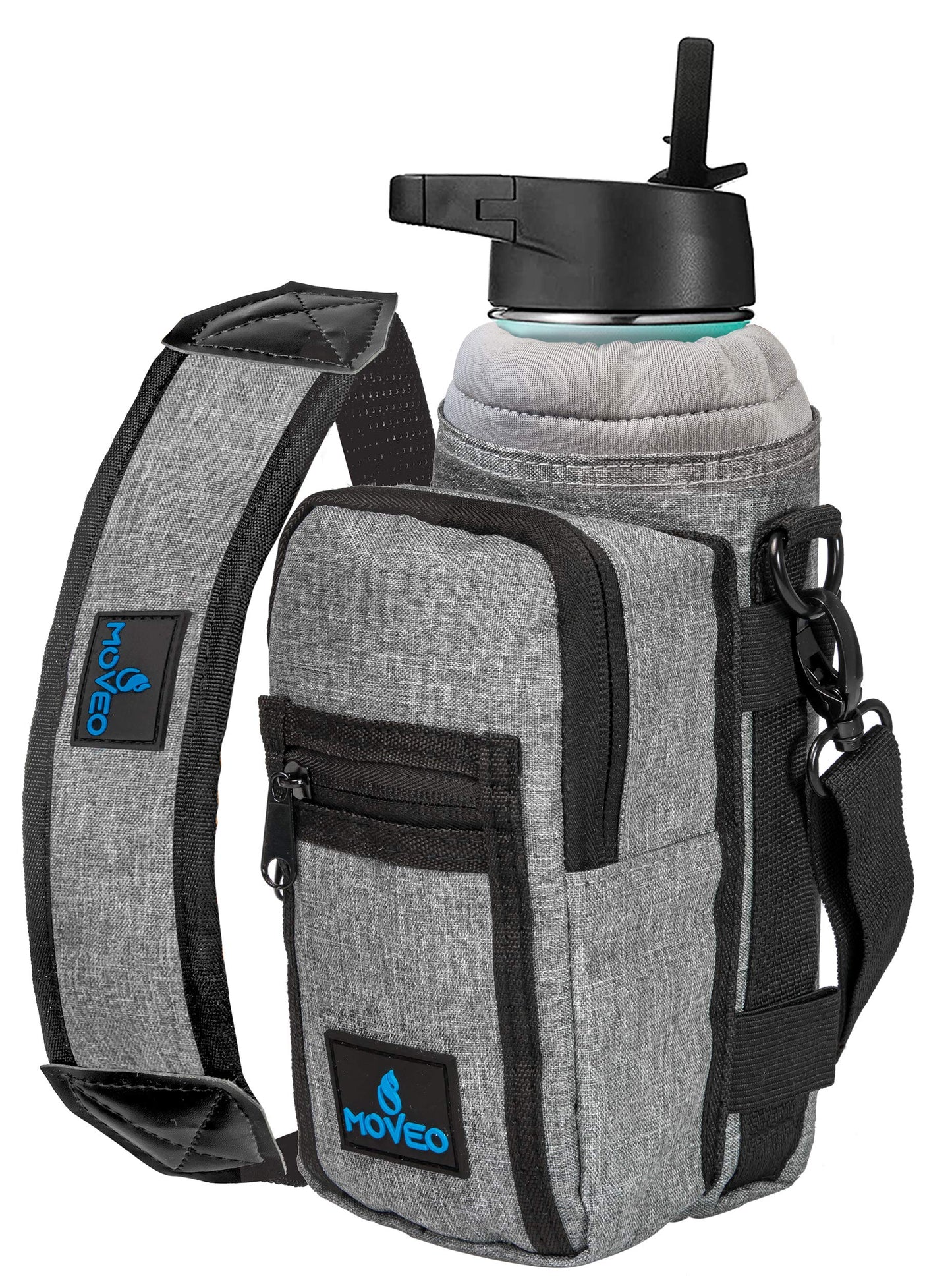 Water Bottle Holder/Carrier, Insulated w/Adjustable Shoulder Strap & Front Pockets - Comfortable Crossbody Water Bottle Holder - Water Bottle Sling Fits 16oz to 25oz Bottles