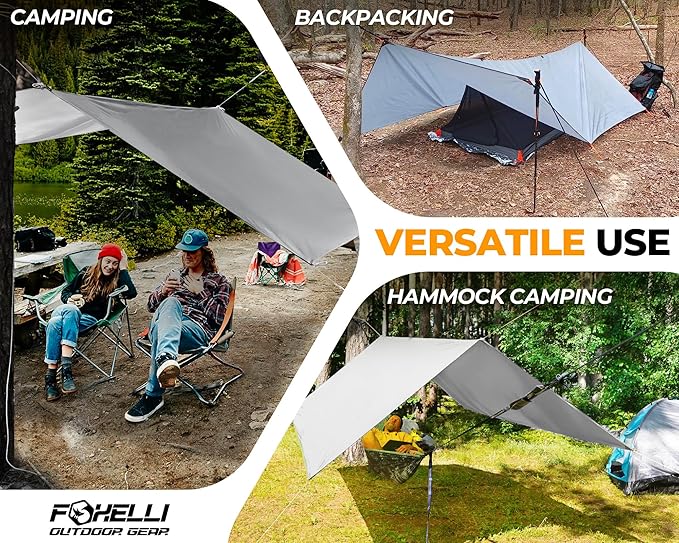 Foxelli Hammock Rain Fly - Waterproof Lightweight Tent & Hammock Rain Tarp for Camping, Backpacking w/Easy Setup Including Extra Long Guy Lines & Stakes