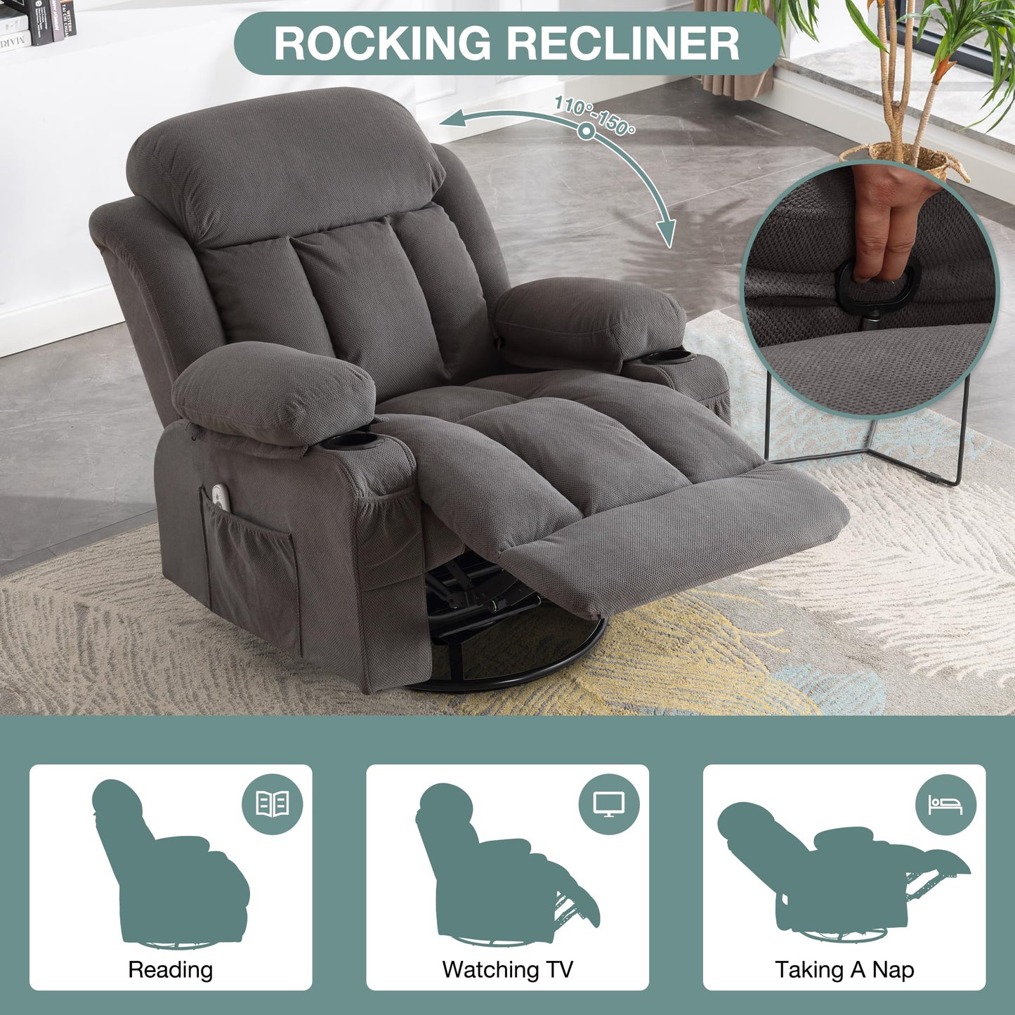 BOSMILLER Massage Recliner Chair, Swivel and Rocking Recliner with Heat and Vibration, Breathable Fabric Ergonomic Single Sofa Chair for Living Room with Cup Holders, Side Pockets and USB (Grey)