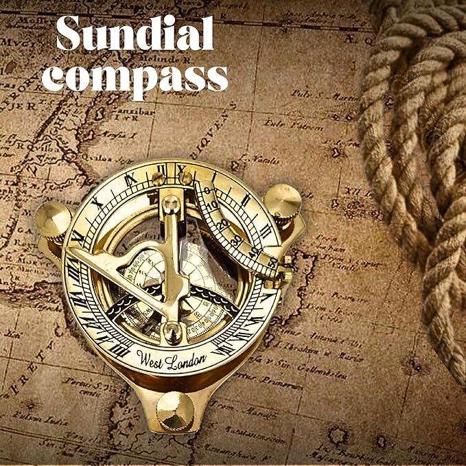 Antique Brass & Copper Sundial Compass, Sundial Clock in Box Gift Sun Clock Ship Replica Watch, Nautical Gifts for Men, Unique Nautical Decor, Naval Maritime Sundial (#3 Golden Sundial)