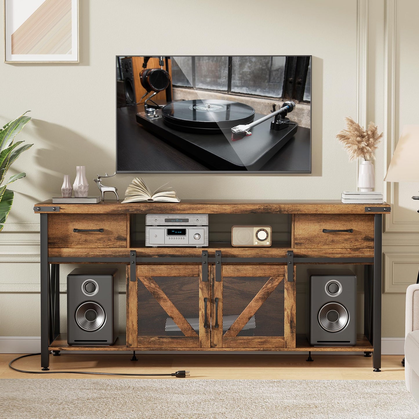 AntsandAnts TV Stand for 75 Inch TV,Entertainment Center with Power Outlets, 2 Drawers & Sliding Barn Doors, Rustic Wood Industrial TV Table for Living Room, Fits Up to 75" TVs