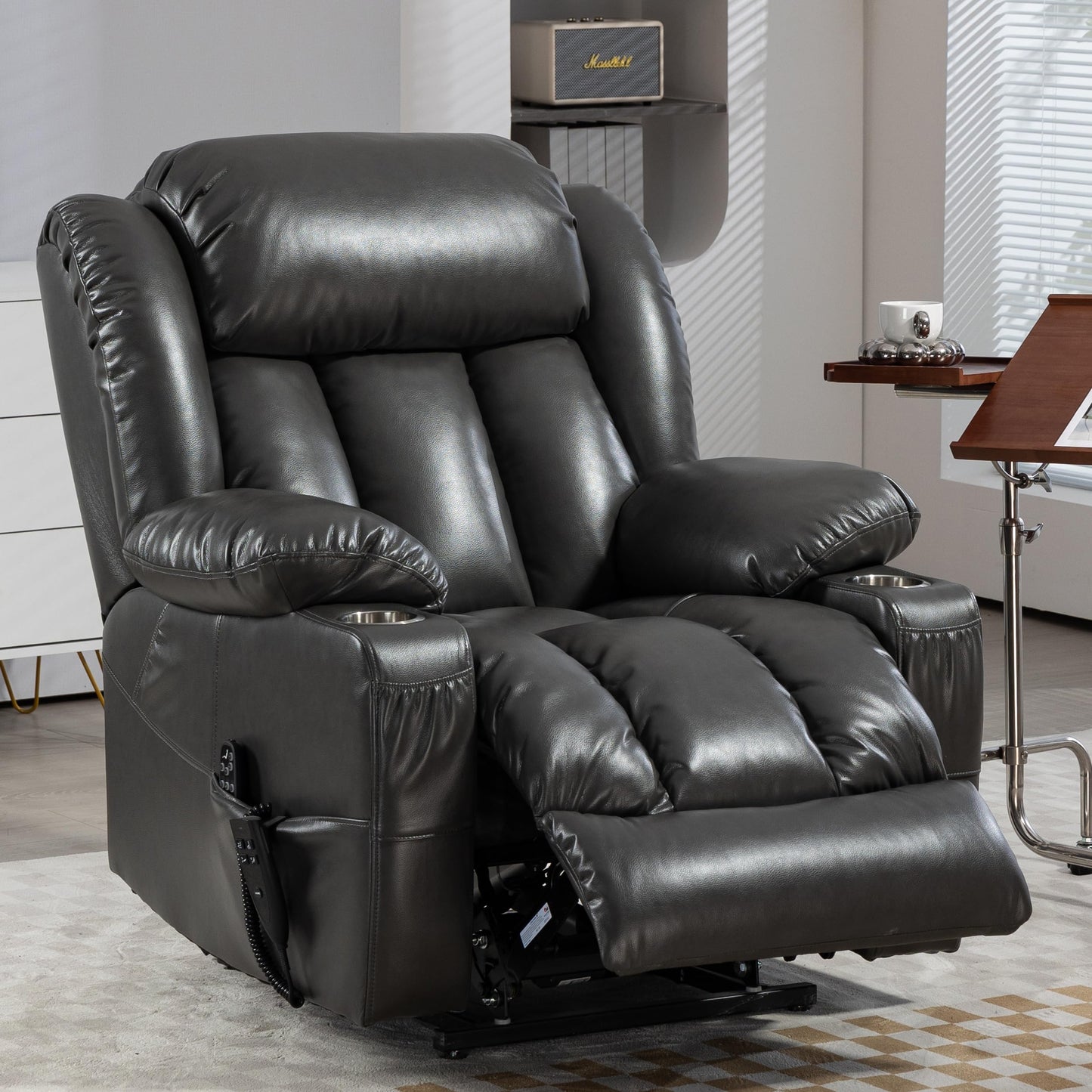 EZZUP Lay Flat Lift Recliner Chair with Massage & Heat for Elderly People, Electric Power Lift Chair w/Dual Motor, 2 Stainless Steel Cup Holders and 2 Remote Controls, Breathable Leather Grey