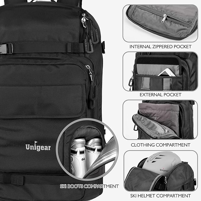 Unigear Ski Boot Bag, 70L Ski Boot Travel Backpack for Ski Helmet, Goggles, Gloves, Skis, Snowboard & Accessories(Black)