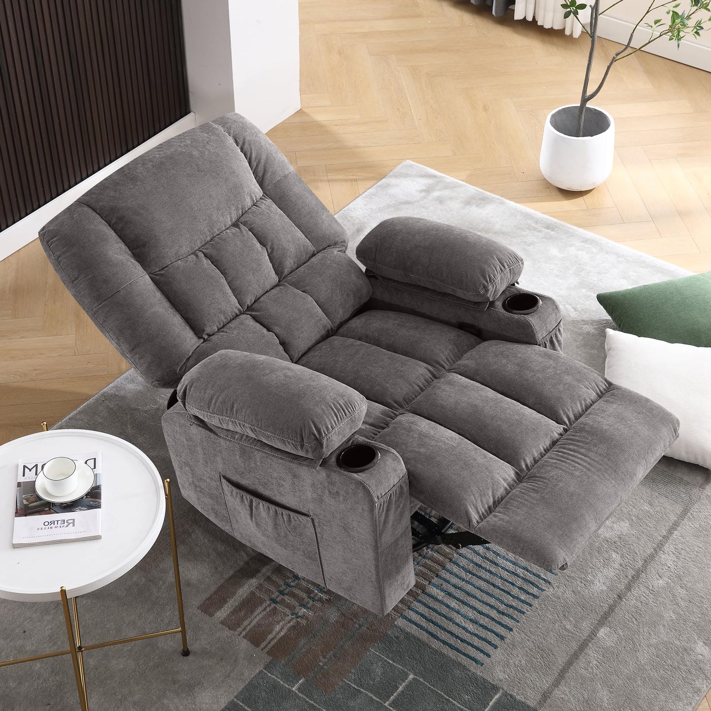 Power Swivel Recliner Chair with Ergonomic for Adults, Oversized Recliner Single Sofa with Rocking Function, Side Pocket, Two Cup Holders and Remote Control for Living Room