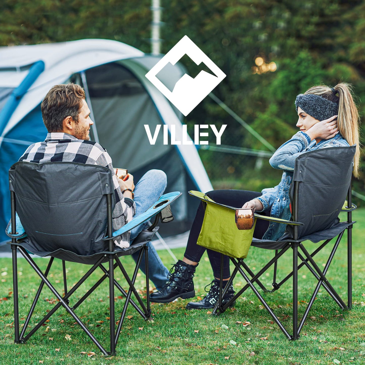 VILLEY Camping Chair, Oversized Folding Camp Chair, Portable Outdoor Chairs Support 400 LBS with Padded Seats, Cooler Bag, Cup Holder, Carry Bag, Blue