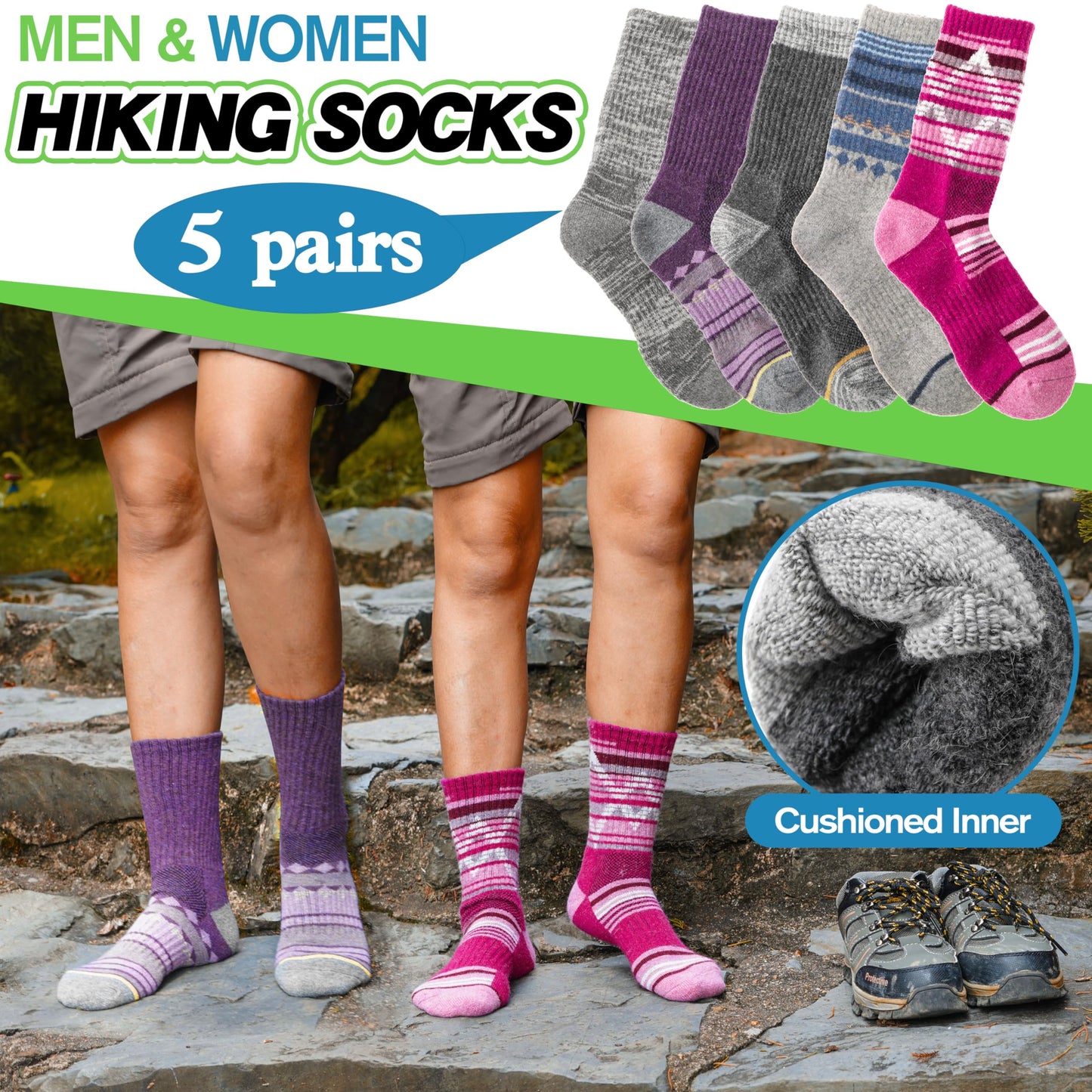 ANTSANG Merino Wool Hiking Socks for Men & Women Thermal Warm Winter Thick Cozy Athletic Crew Work Boot Gift Socks Stocking Stuffers 5 Pairs(Nordic,L)