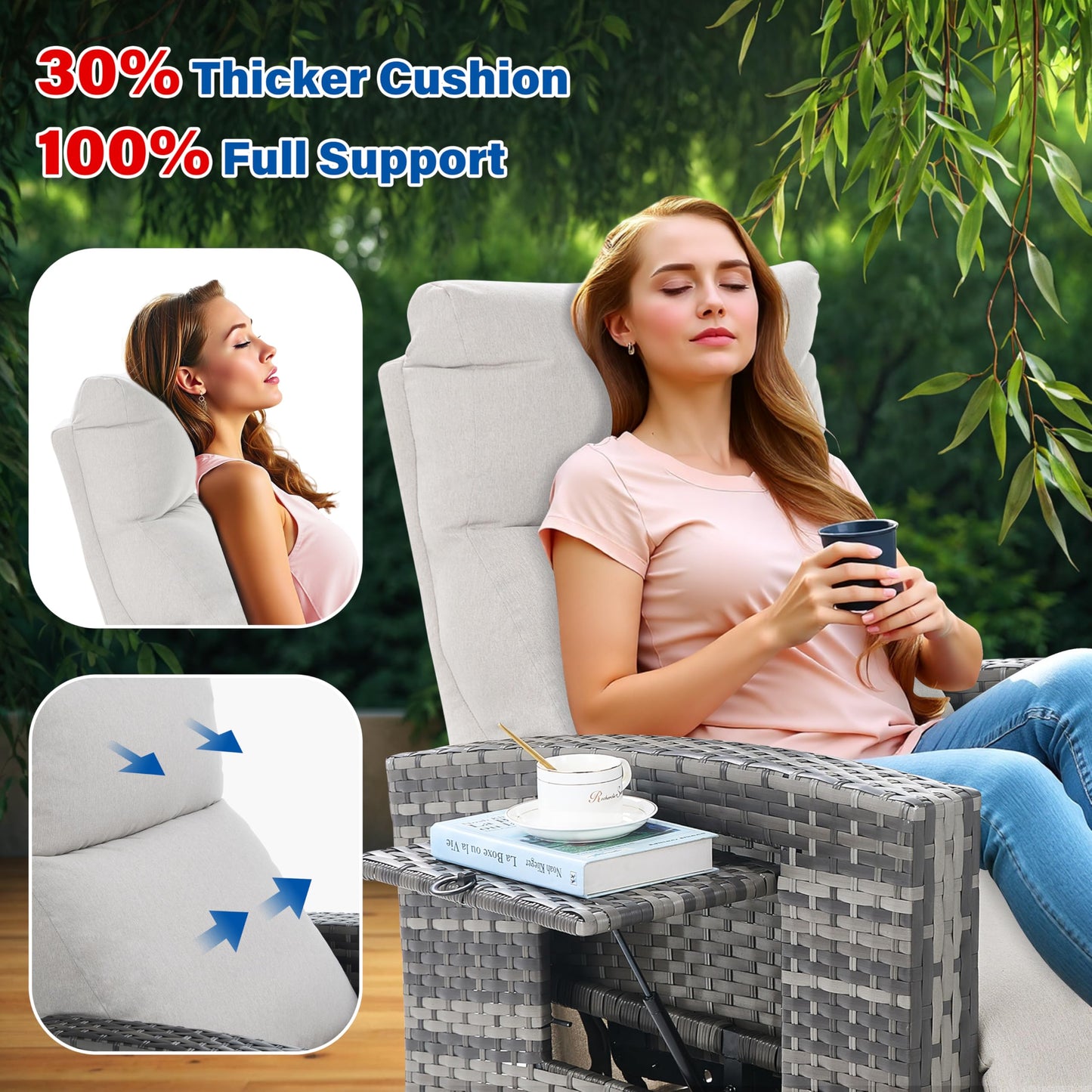 ZZW Outdoor Recliner Chair Set of 2, Wicker Patio Recliners with Adjustable Backrest 92°-145°and Extended Foot Rest, Reclining Pattio Chairs with Flip Table & Removable Cushion Cover for Porch
