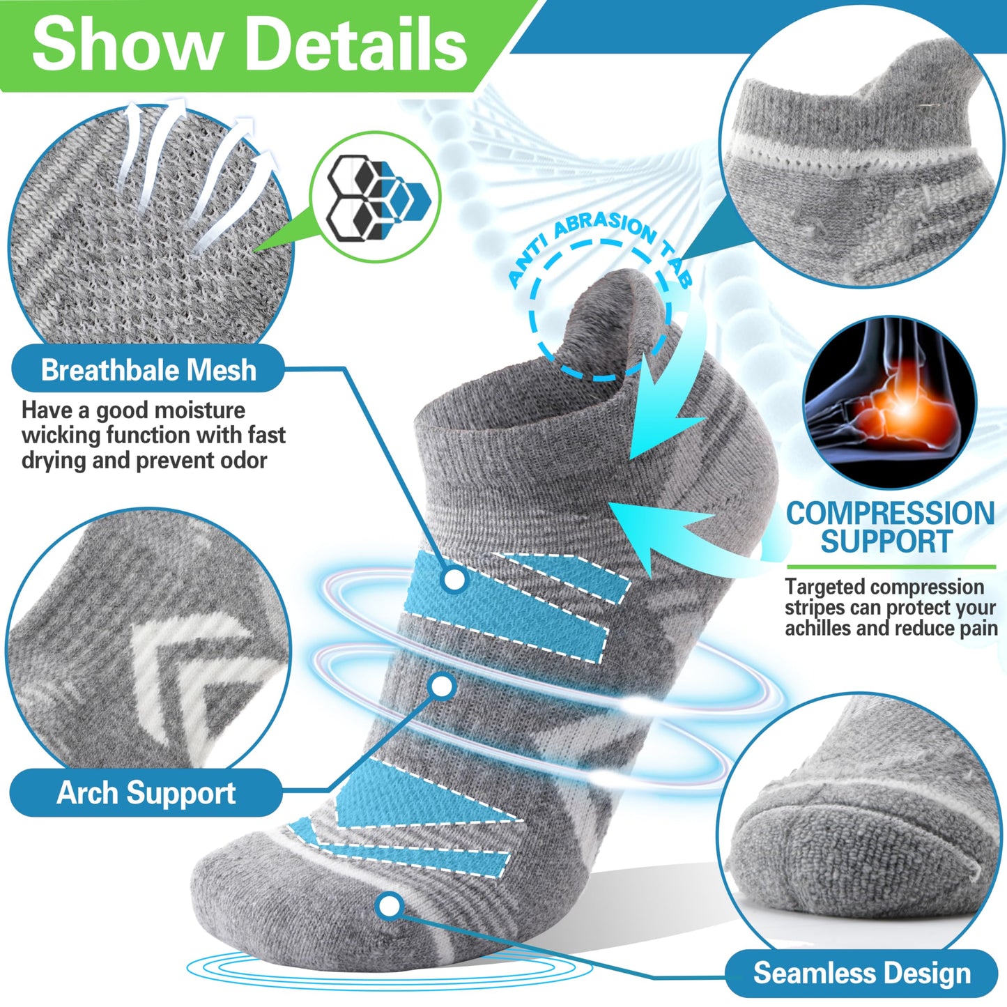 ANTSANG Merino Wool Ankle Hiking Socks Compression Warm Thermal Thick Cushion Winter Running No Show Moisture Wicking Socks Gifts Stocking Stuffers for Women Men 6 Pairs(Black Grey,L)