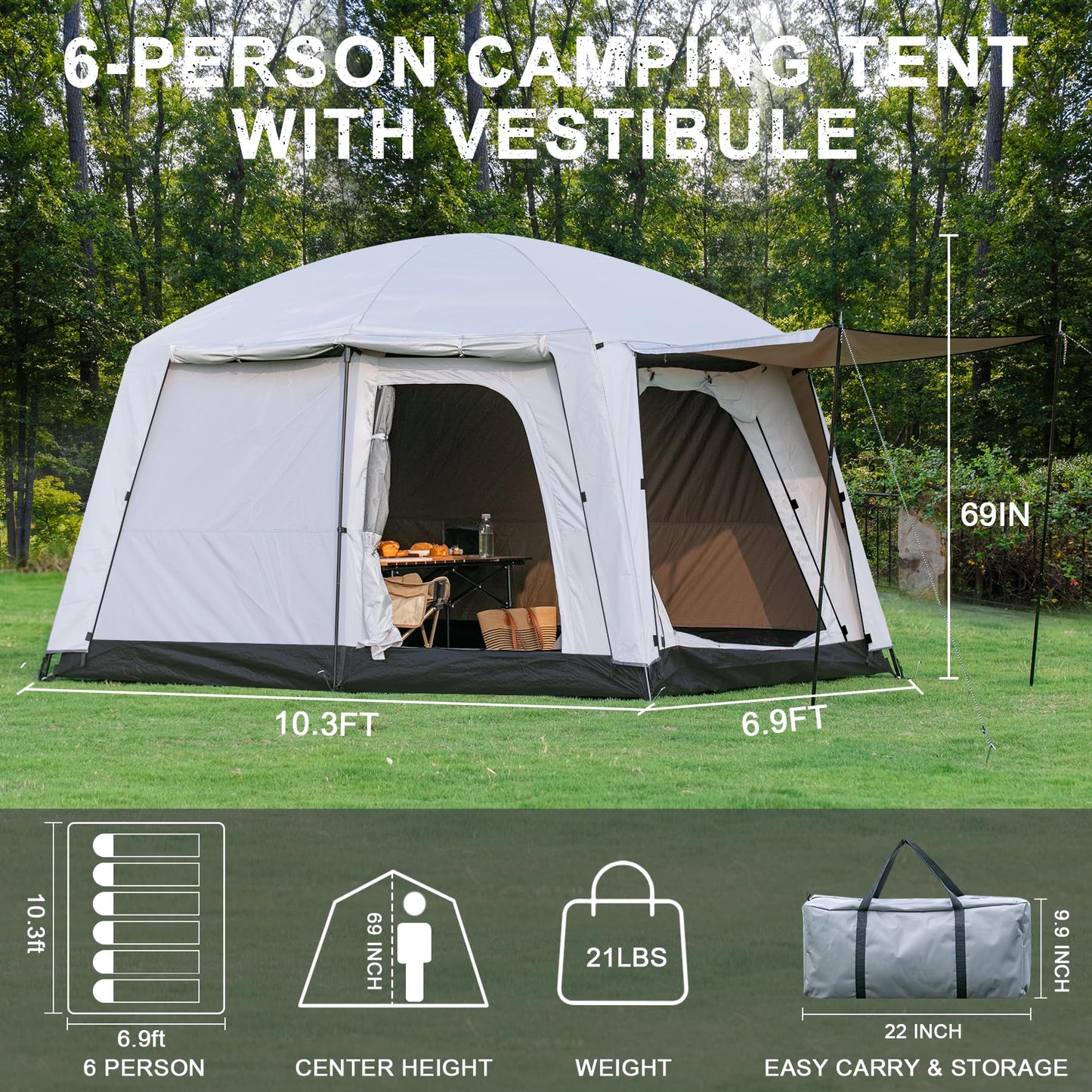 Castle Unicorn 4-6 Person Camping Tent, Large Family Cabin Tents with Porch & Rainfly, Double Layer Waterproof Glamping Tent with 2 Rooms 2 Doors, Portable Big Tents for Outdoor Camping Hiking Party