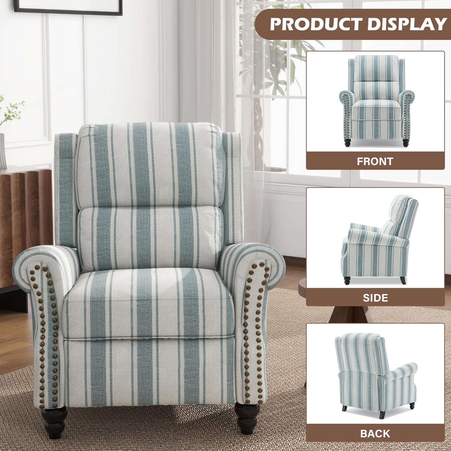 UIXE Pushback Recliner Chairs Set of 2, Fabric Armchair Push Back Accent Chair, Rivet Trim Club Chair Home Theater Overstuffed Single Sofa Reading Seat for Living Room, Stripe Blue