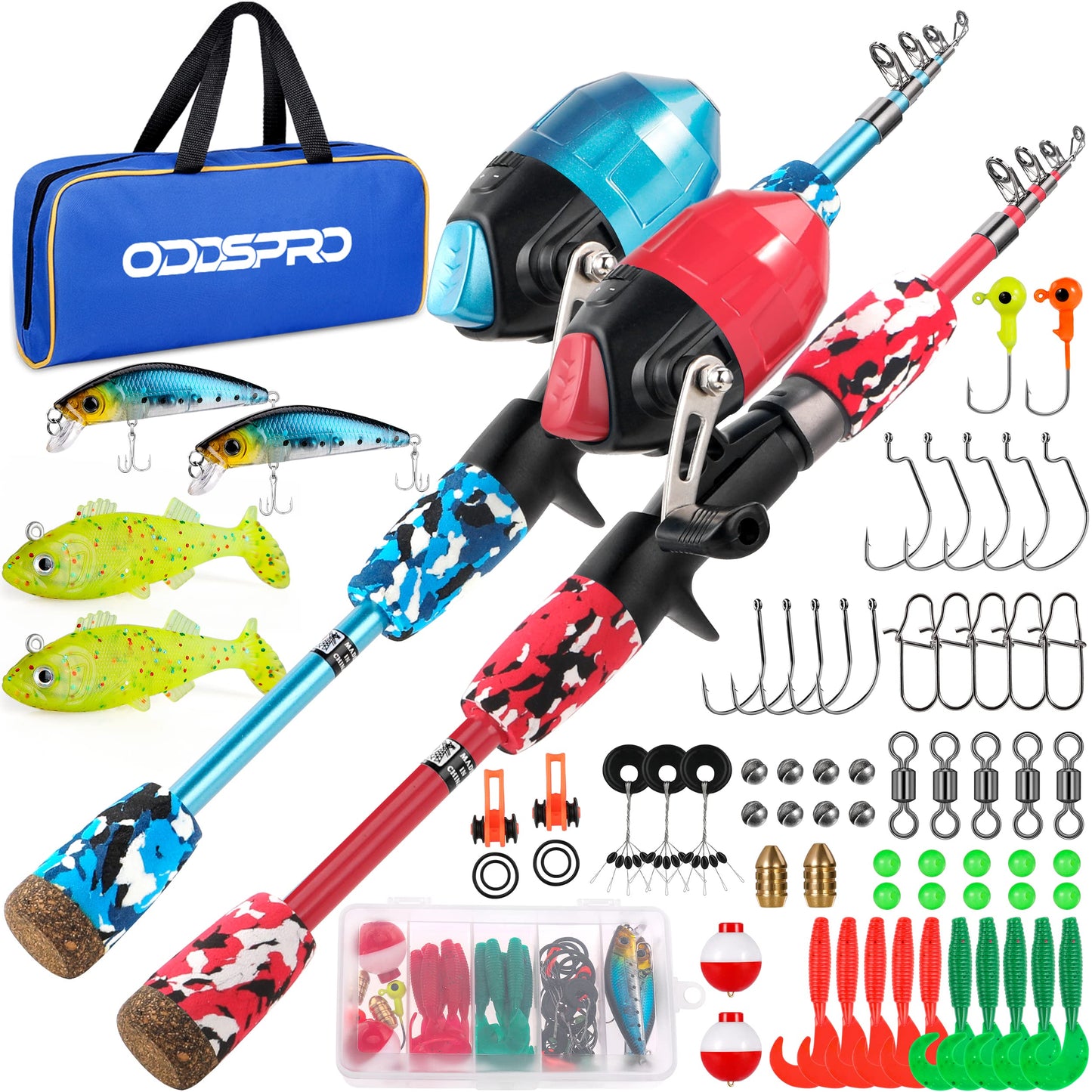 ODDSPRO Kids Fishing Pole - Kids Fishing Starter Kit - with Tackle Box, Reel, Practice Plug, Beginner's Guide and Travel Bag for Boys, Girls (2 pack (Blue+Red), 1.5M 4.92Ft)