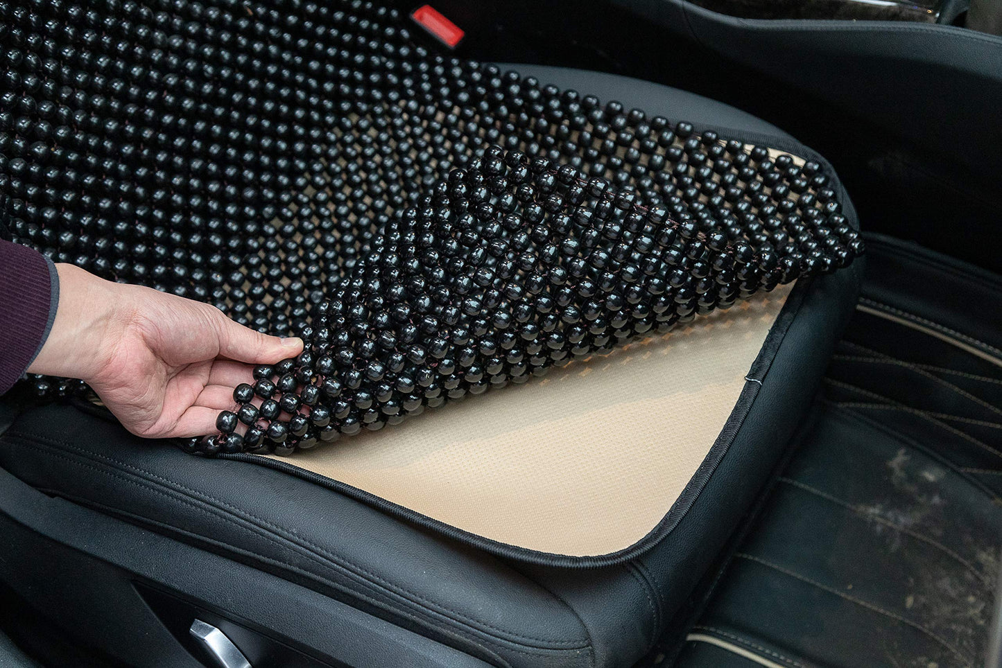 KENNISI Natural beaded seat covers for cars Cooling Auto beaded car seat covers Durable Wood beaded seat cover for summer Back Support massage Fatigue relief breathable 1-PC (1-Black-PJ)