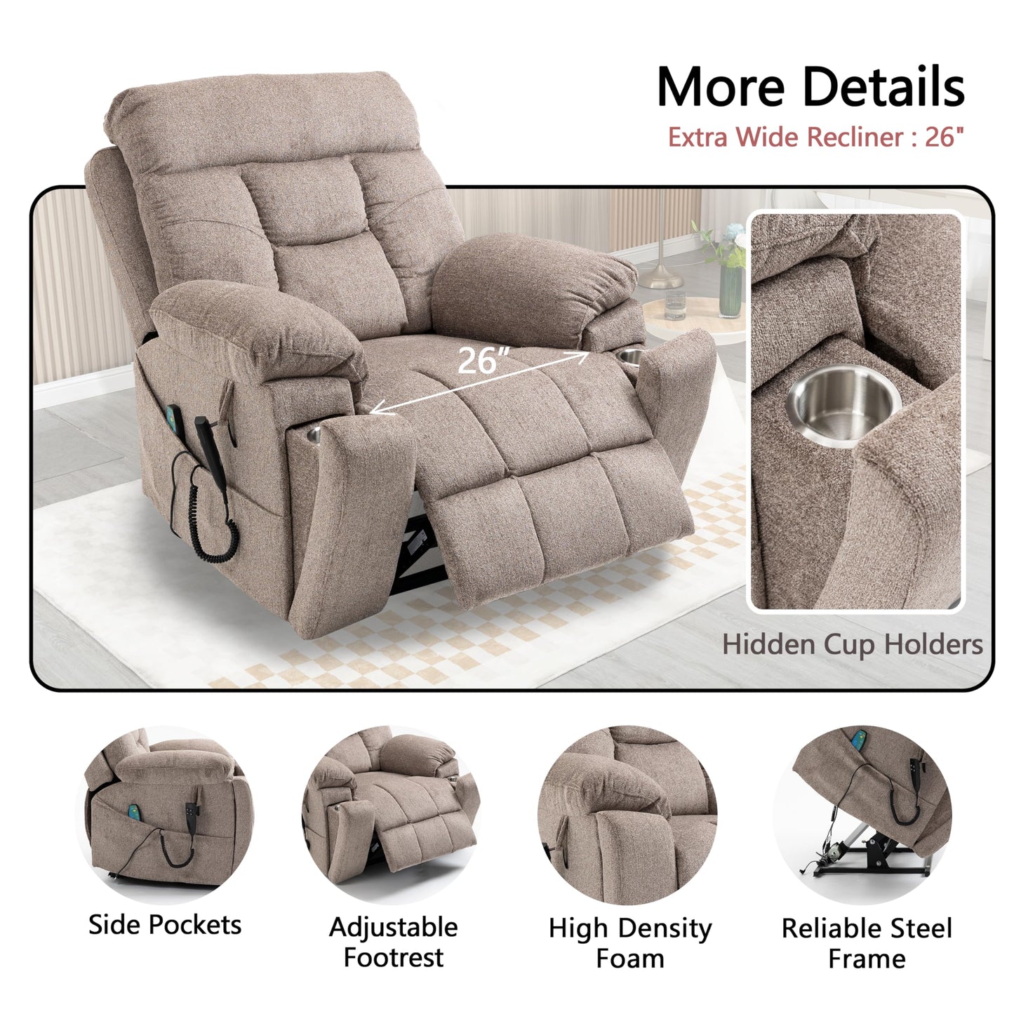 JIKFRIMA Dual Motor Power Lift Recliner Chair with Massage Heating for Adults Elderly, Electric Lift Chairs Lay Flat Recliners, Infinite Position, 2 Hidden Cup Holders