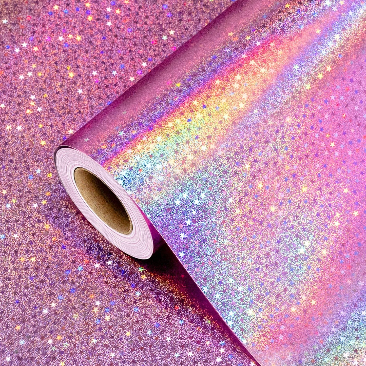 Burymento Pink Wrapping Paper Roll, Metallic Holographic Star Gift Wrap for Birthday, Valentines, Mothers day, Graduation, Wedding, Fathers day, Baby Shower, Christmas (17 IN x 32.8 FT)