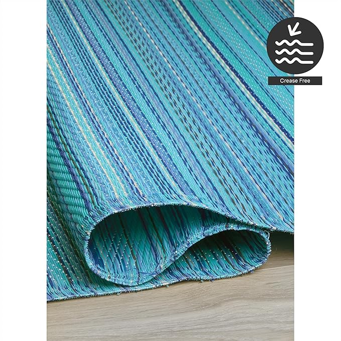 FH Home Outdoor Rug - Waterproof, Fade Resistant, Reversible - Premium Recycled Plastic - Striped - Porch, Deck, Balcony, Mudroom, Laundry Room, Patio - Havana - Turquoise Crease Free - 3 x 5 ft