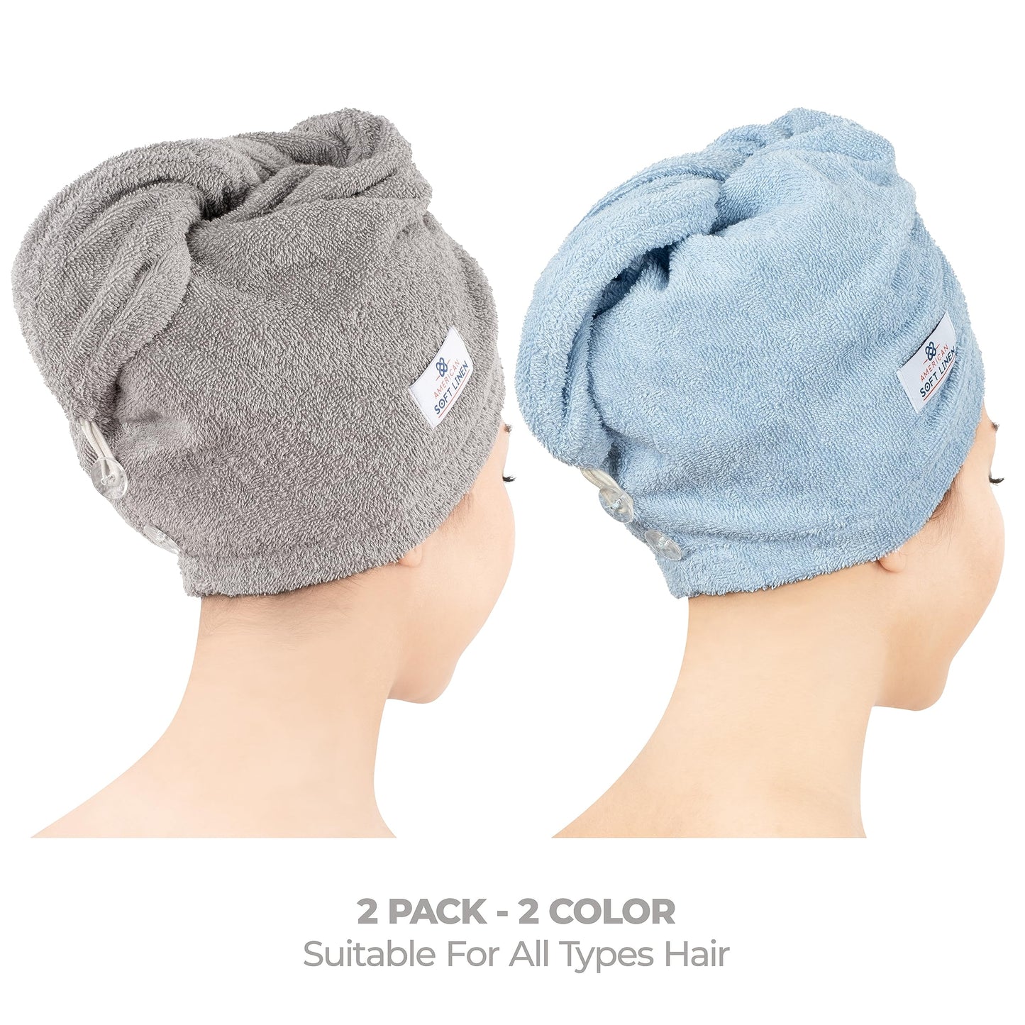 American Soft Linen 100% Cotton Hair Towels for Women, Head Towel Cap, Cotton Hair Turban Towel Wrap, Soft and Absorbent 2 Pack, Light Gray-Sky Blue