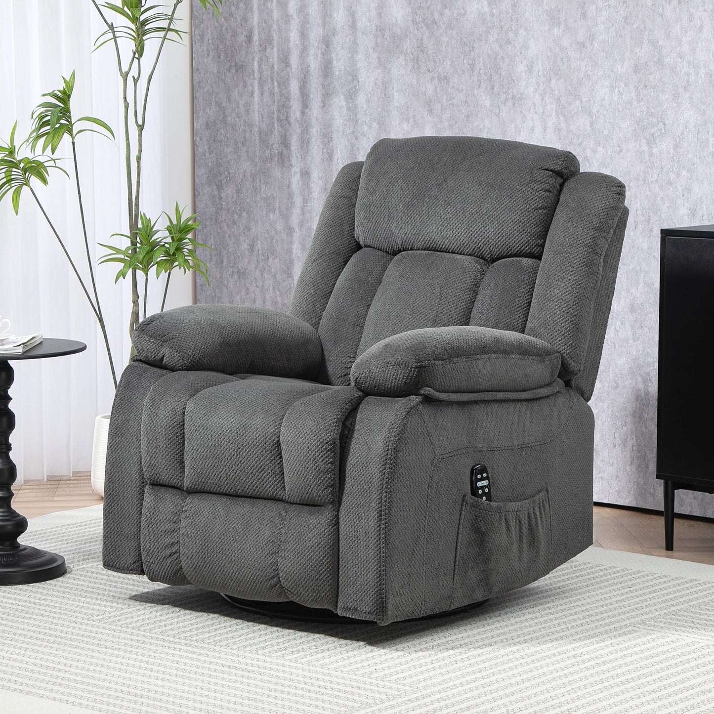 HOMCOM Recliner Chair with Vibration Massage and Heat, Oversized Swivel Rocker Single Sofa with Footrest, Remote and Side Pockets, Velvet Fabric Manual Reclining Chair for Living Room, Gray
