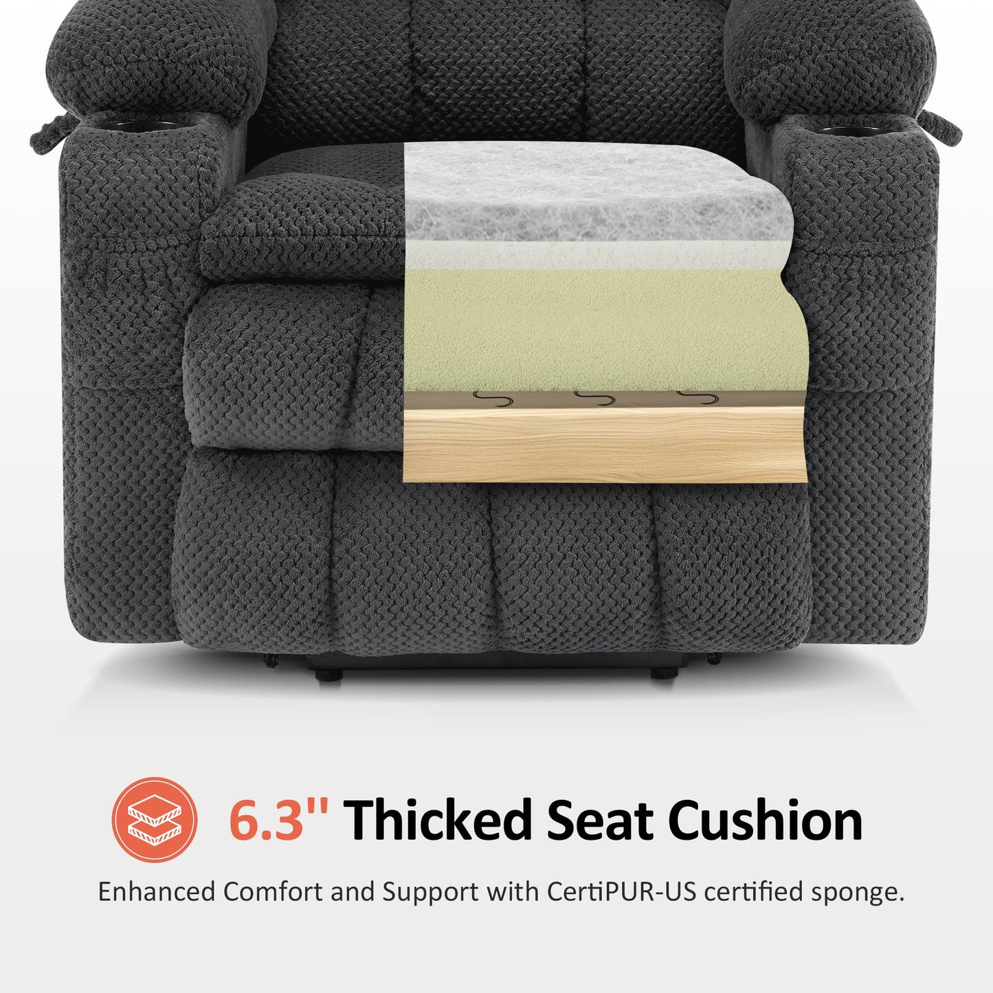 MCombo Dual Motor Power Lift Recliner Chair with Massage and Heat for Elderly People, Infinite Position, USB Ports, Cup Holders, Fabric 7890 (Medium, Dark Gray)