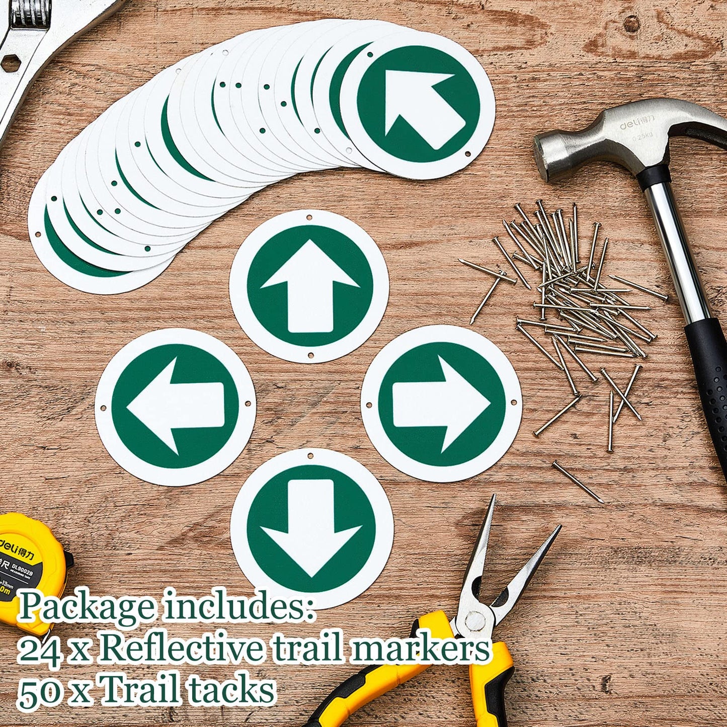 Amylove 24 Pieces Bright Reflective Trail Markers Round Bin Marker with Reflective Tacks Aluminum Signs Thumb Tacks for Hunting Hiking Camping and More (Green)