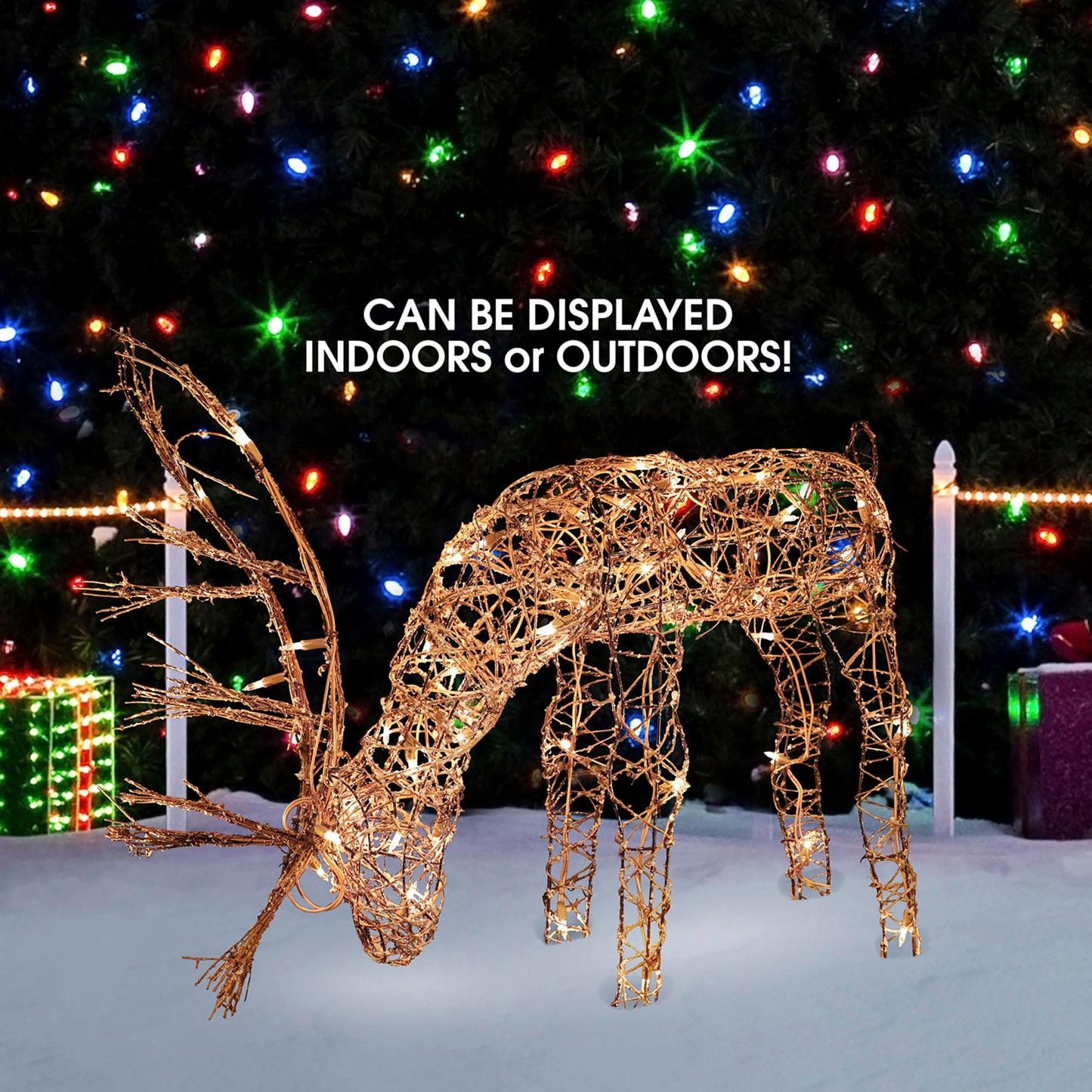 Alpine Corporation 24"H Outdoor Rattan Grazing Reindeer Lawn Decoration with White Lights , Christmas Decoration