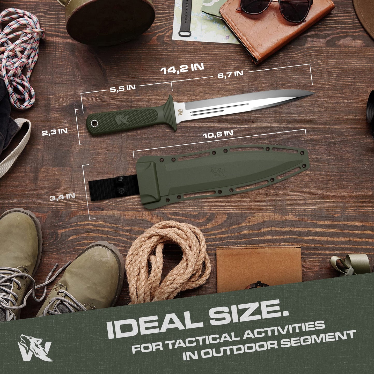 ODENWOLF W-Catcher Fixed Blade Knife with Sheath - Large Hunting Knife made of D2 steel - Big Fixed Blade Double Edge Knife with Non-Slip TPE Handle - Full Tang Survival Knife for Outdoor Activities
