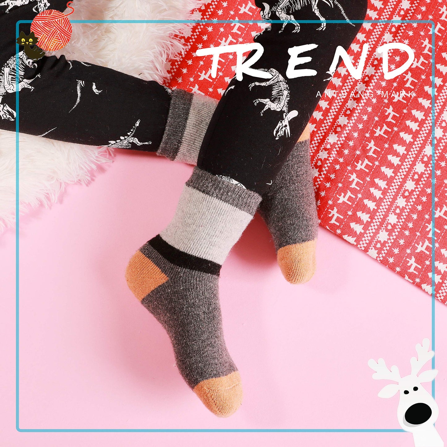 ANTSANG Kids Wool Hiking Socks Toddlers Boys Girls Warm Thick Thermal Crew Boot Heavy Cozy Snow Cabin Winter Gift Snowboarding Socks 6 Pairs(Color Striped D,4-7 Y)