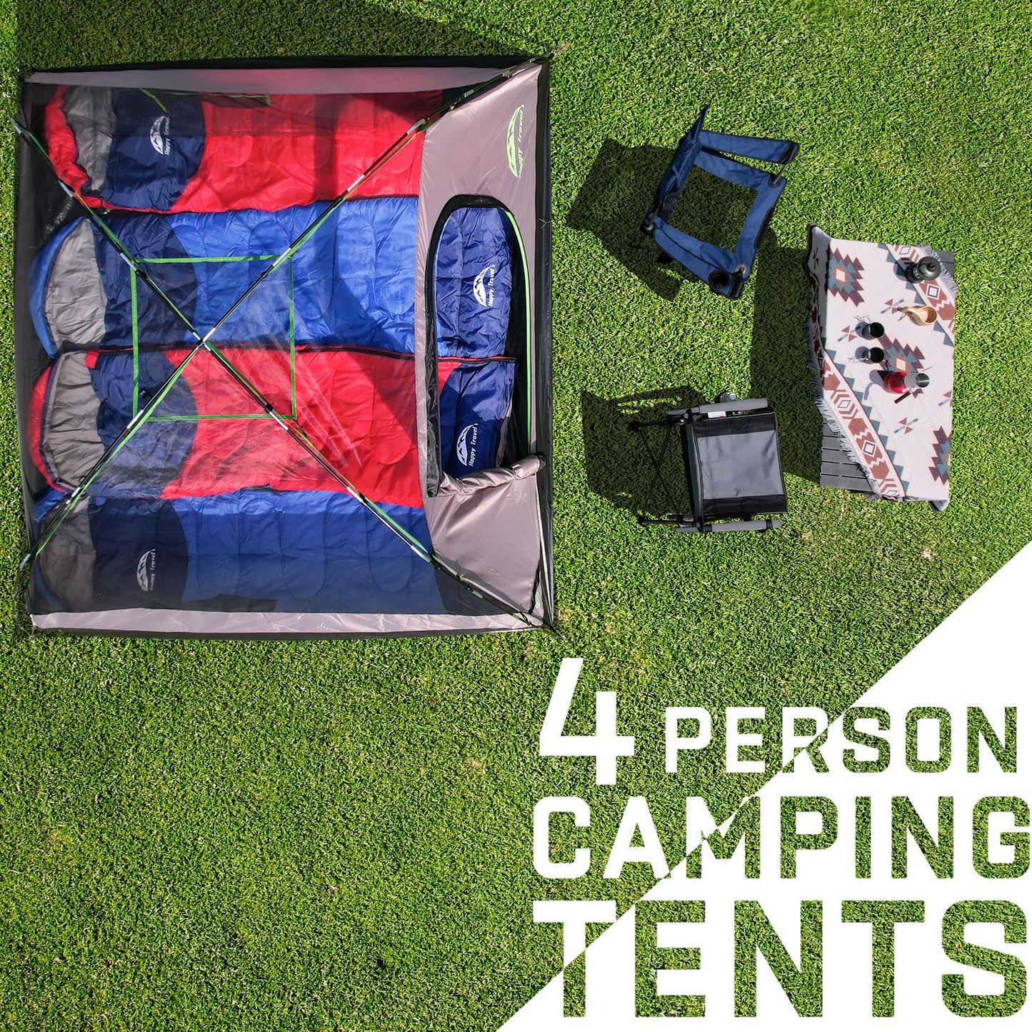 Happy Travel Camping Tent, 4 Person Dome Tents for Camping with Rainfly, Waterproof Clip Easy Setup Portable Family Tent with Mesh Windows, 20% More Headroom Backpacking Tents for Camping & Hiking
