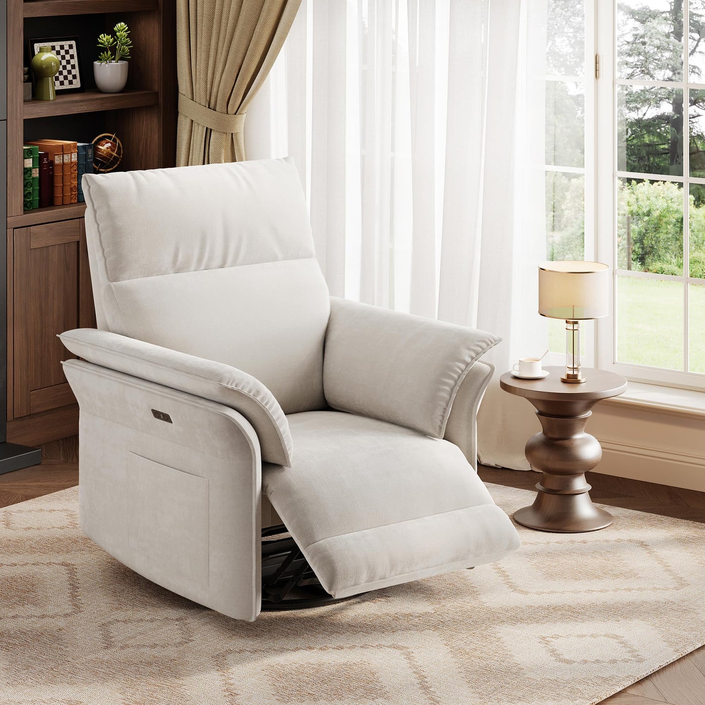 GarveeHome Power Recliner Chair Swivel Glider Upholstered Chenille Nursery Rocker Reclining Sofa Chair with Charging Port, Double-Layered Armrests & Side Pocket for Living Room and Bedroom (Beige)